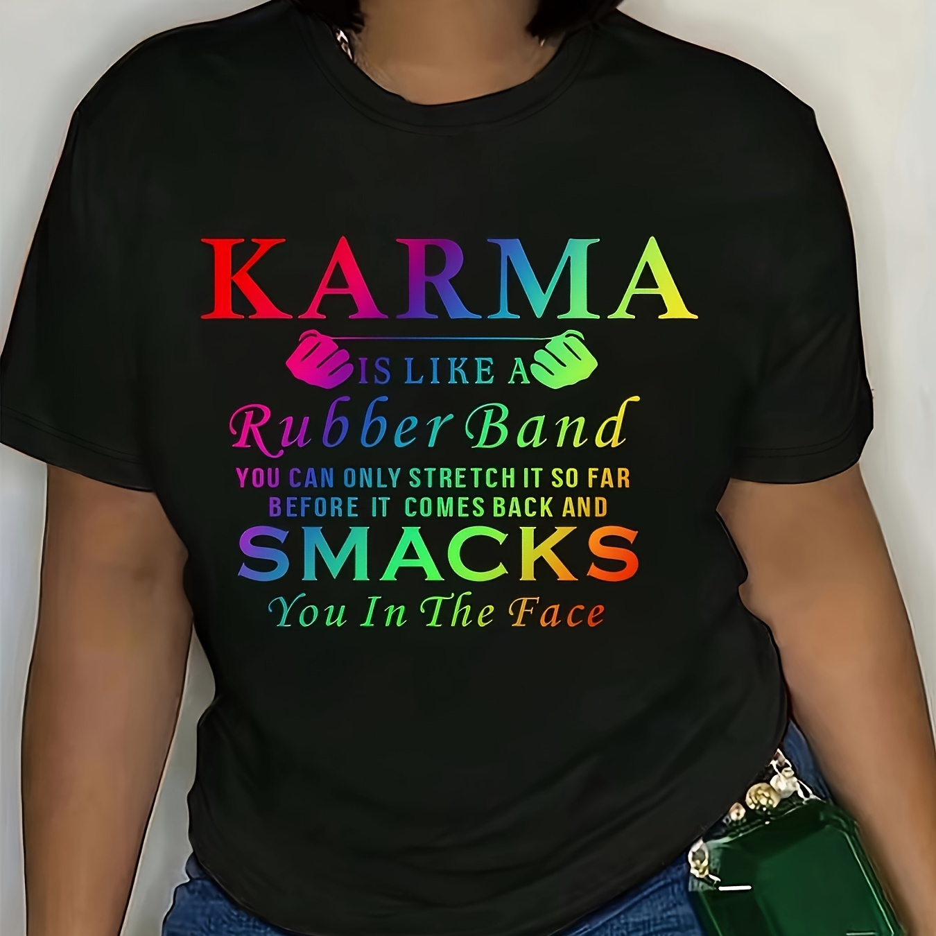 

Plus Size Letters Karma Printed T Shirt, Fashion Spring And Autumn Casual T Shirt, Plus Size Women's Clothing