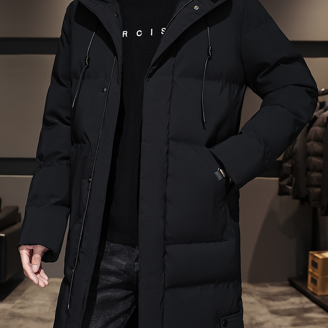 

Men's Mid-length Warm Hooded Jacket - Polyester, Zip-up, Solid Color For Fall/winter
