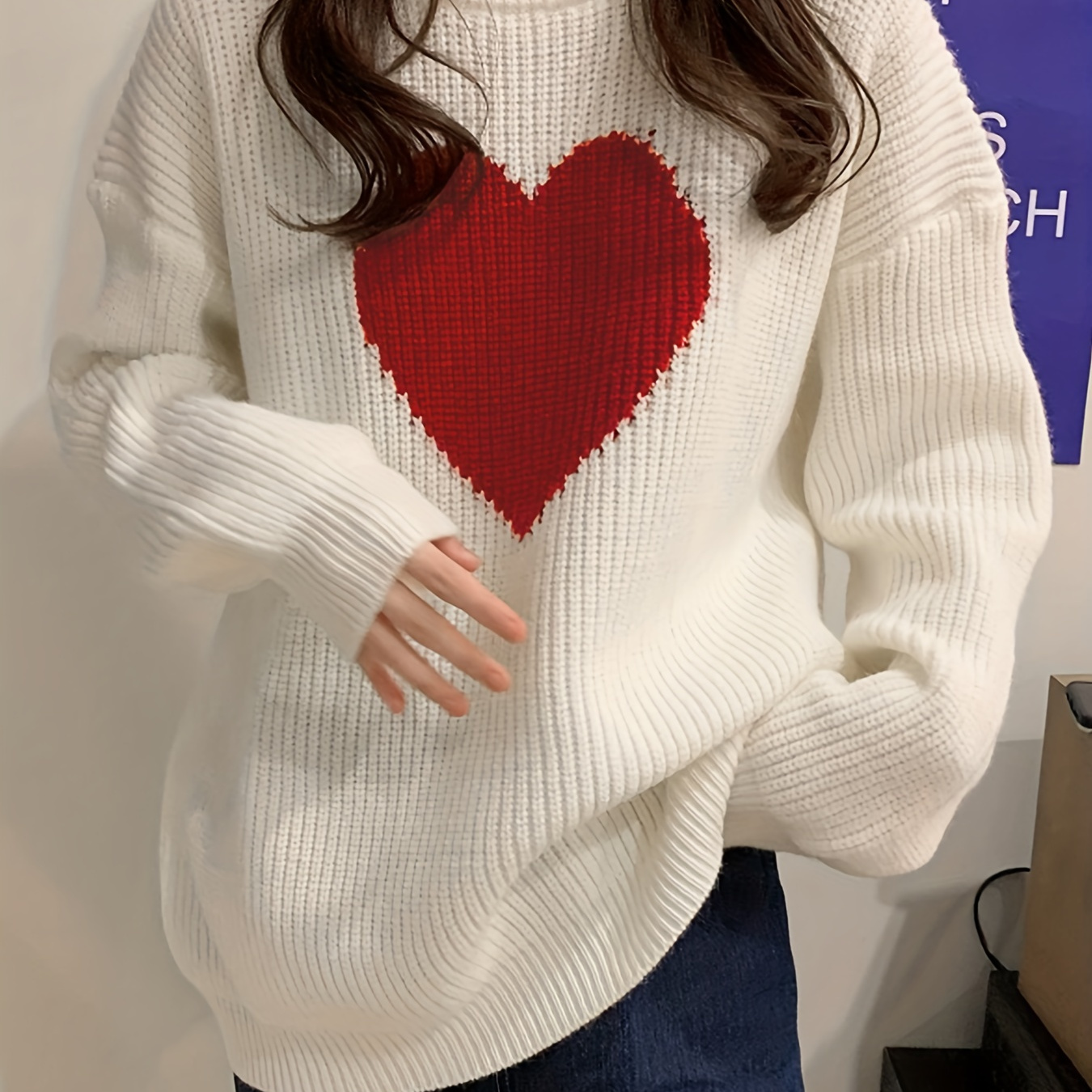 

Valentine's Day Heart Pattern Sweater, Casual Long Sleeve Drop Shoulder Crew Neck Pullover Sweater, Women's Clothing