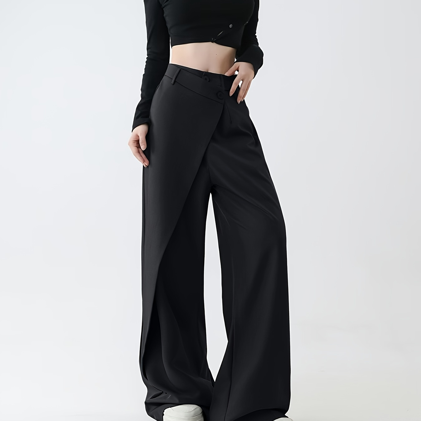 

2024 Women's Autumn New High-waisted Two-piece Design Suit Pants, Loose Straight-leg Casual Trousers That Drag On .