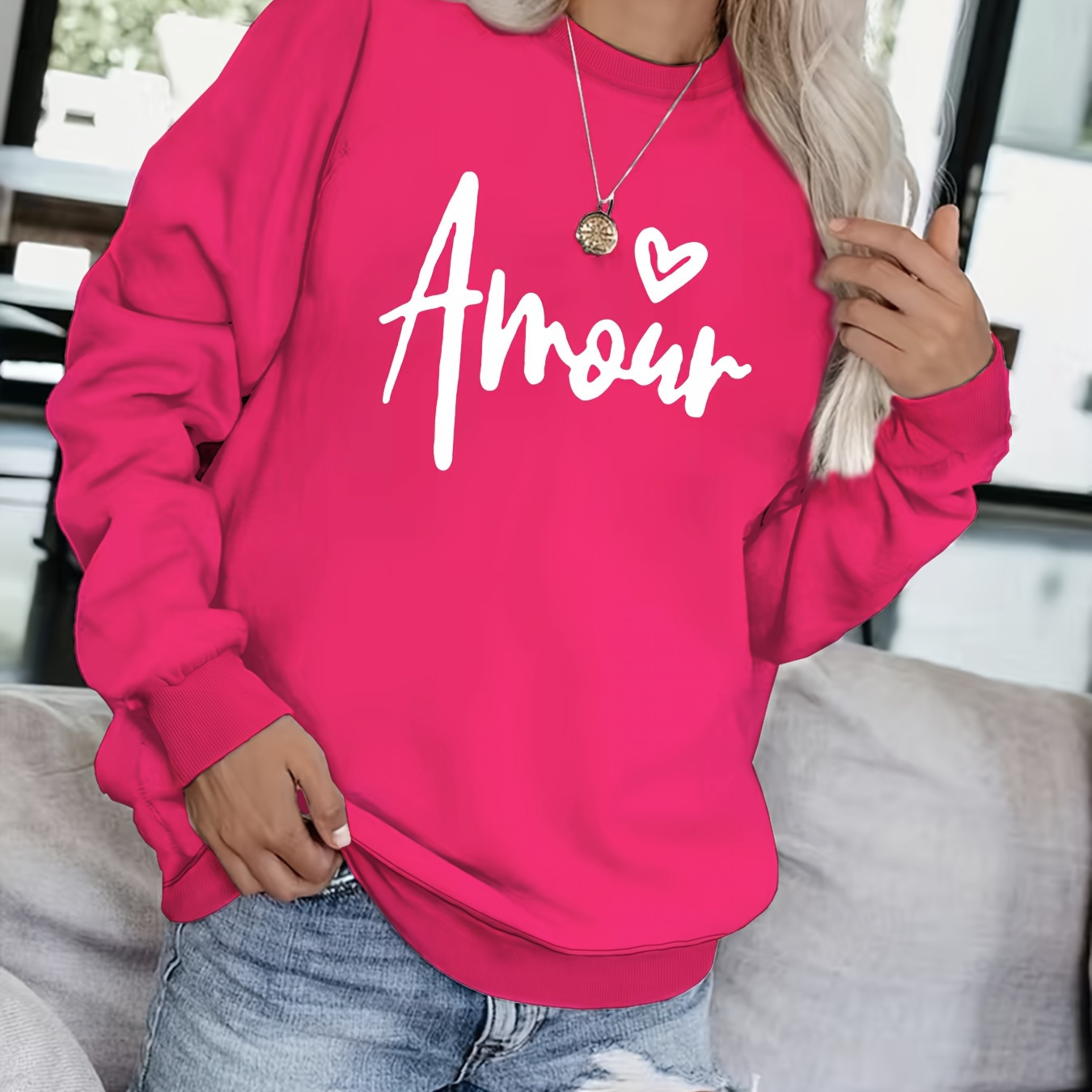

Sweatshirt Imprimé Lettres pour la Saint-Valentin, Sweatshirt Décontracté à Col Rond pour & , Vêtements pour Femmes