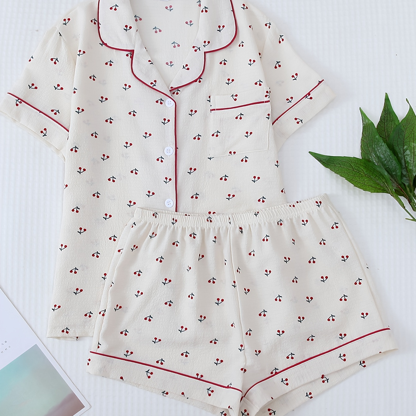 

Cute Cherry Print Pajama Set, Short Sleeve Button Up Lapel Collar Top & Elastic Shorts, Women's Sleepwear & Loungewear