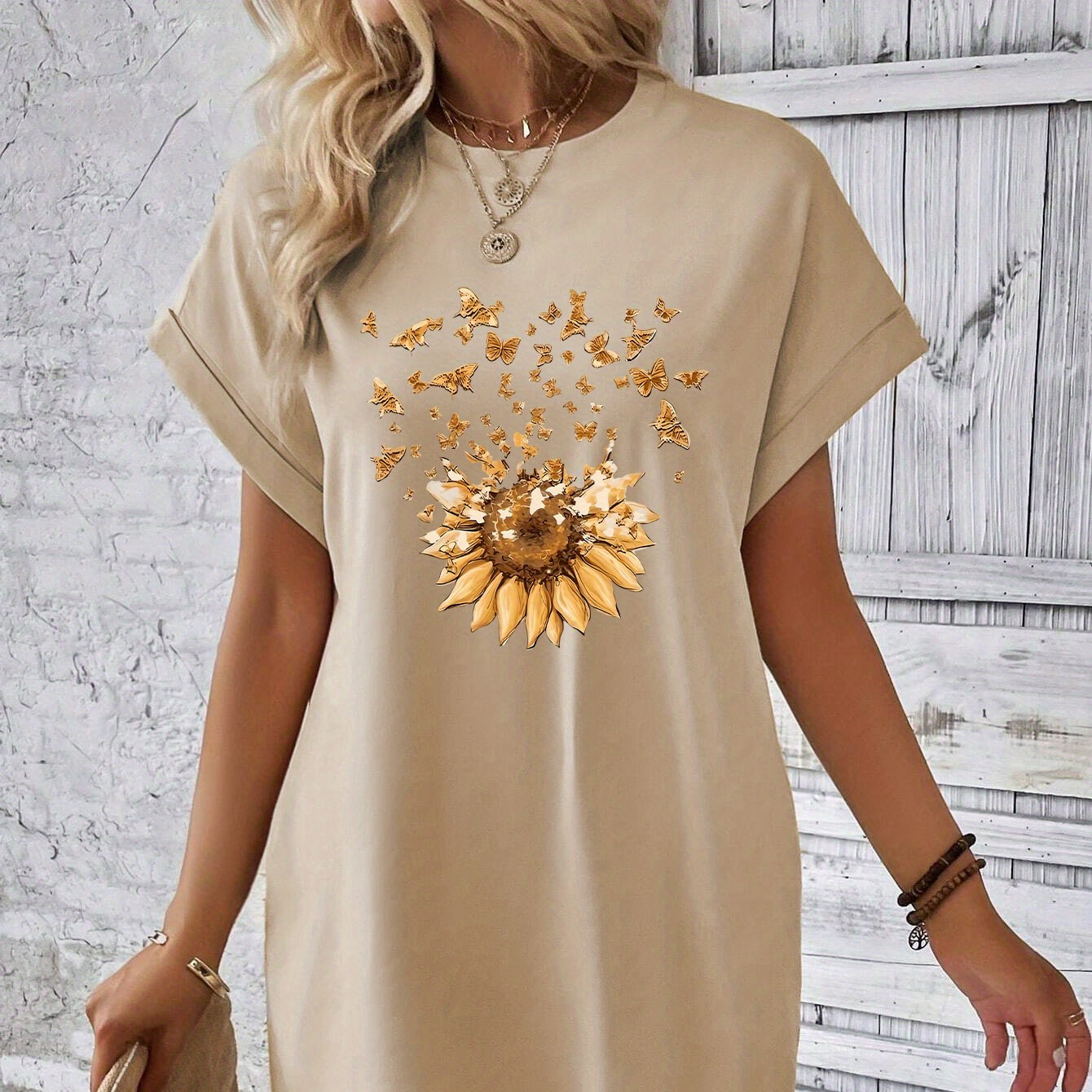 

Butterfly & Sunflower Print Pockets Tee Dress, Short Sleeve Crew Neck Casual Dress For Summer & Spring, Women's Clothing