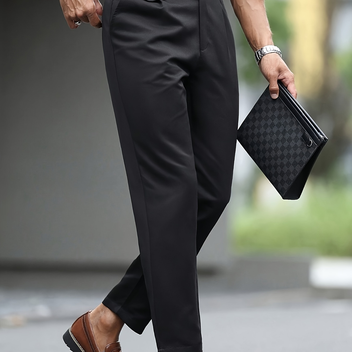 

[ Build] Men's Formal Business Straight-leg Casual Pants, Polyester , Smooth , Button Detail, Wear, Black - Ideal For Professional And Semi-formal Settings