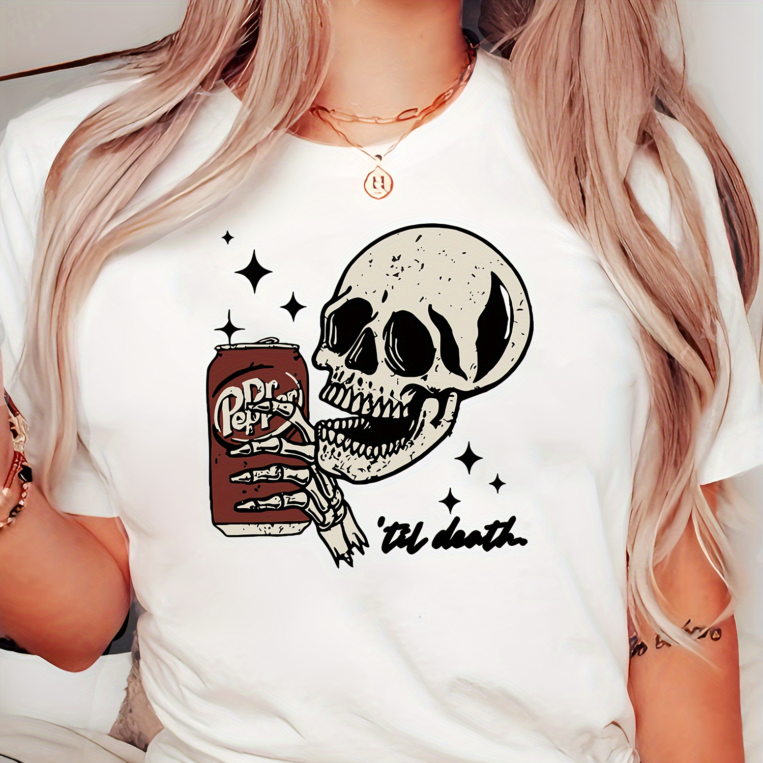 

Skull Print T-shirt, Casual Crew Neck Short Sleeve Top For Spring & Summer, Women's Clothing