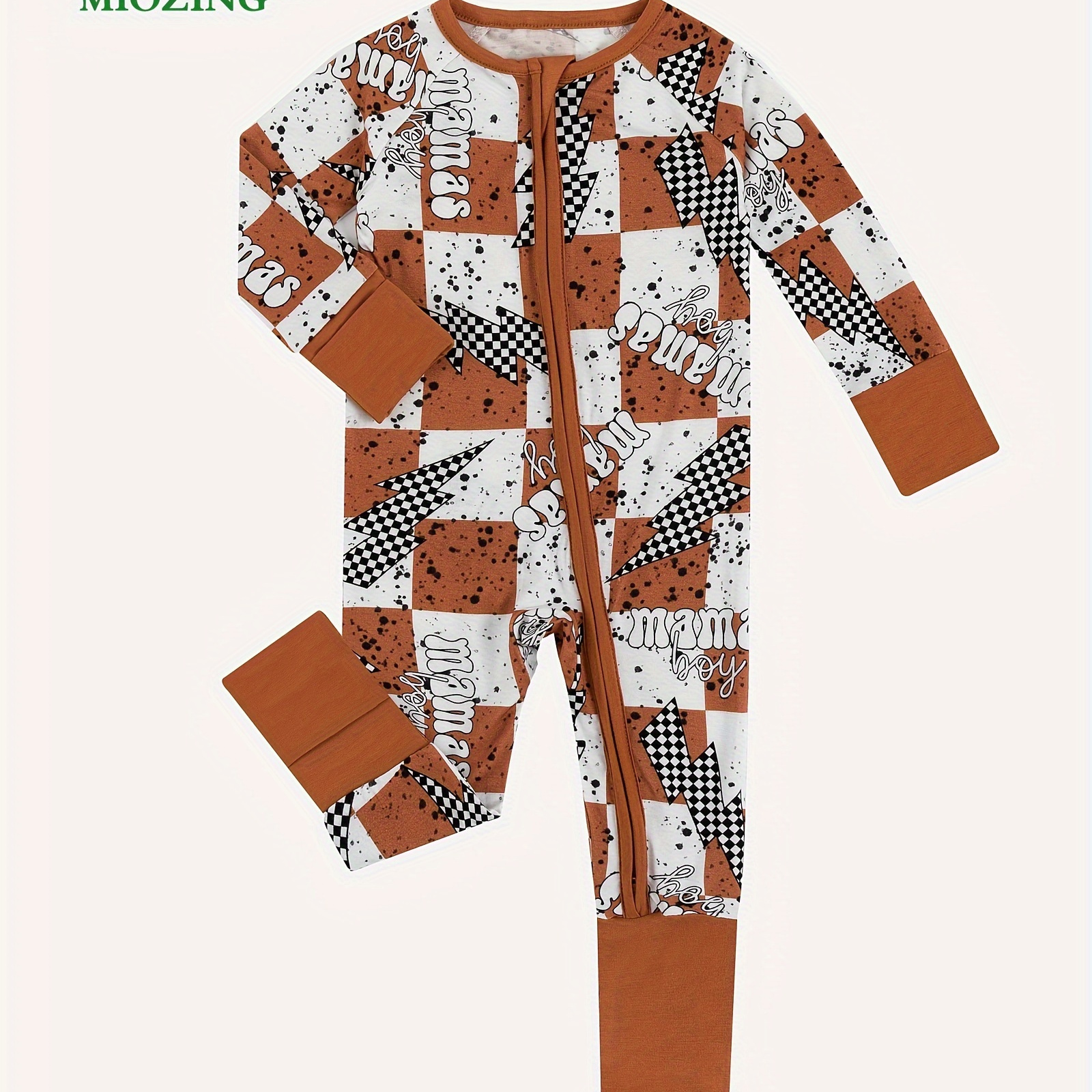 

Miozing Bamboo Fiber Bodysuit For Infants, Checkerboard Lightning Pattern Long Sleeve Onesie, Baby Boy's Clothing