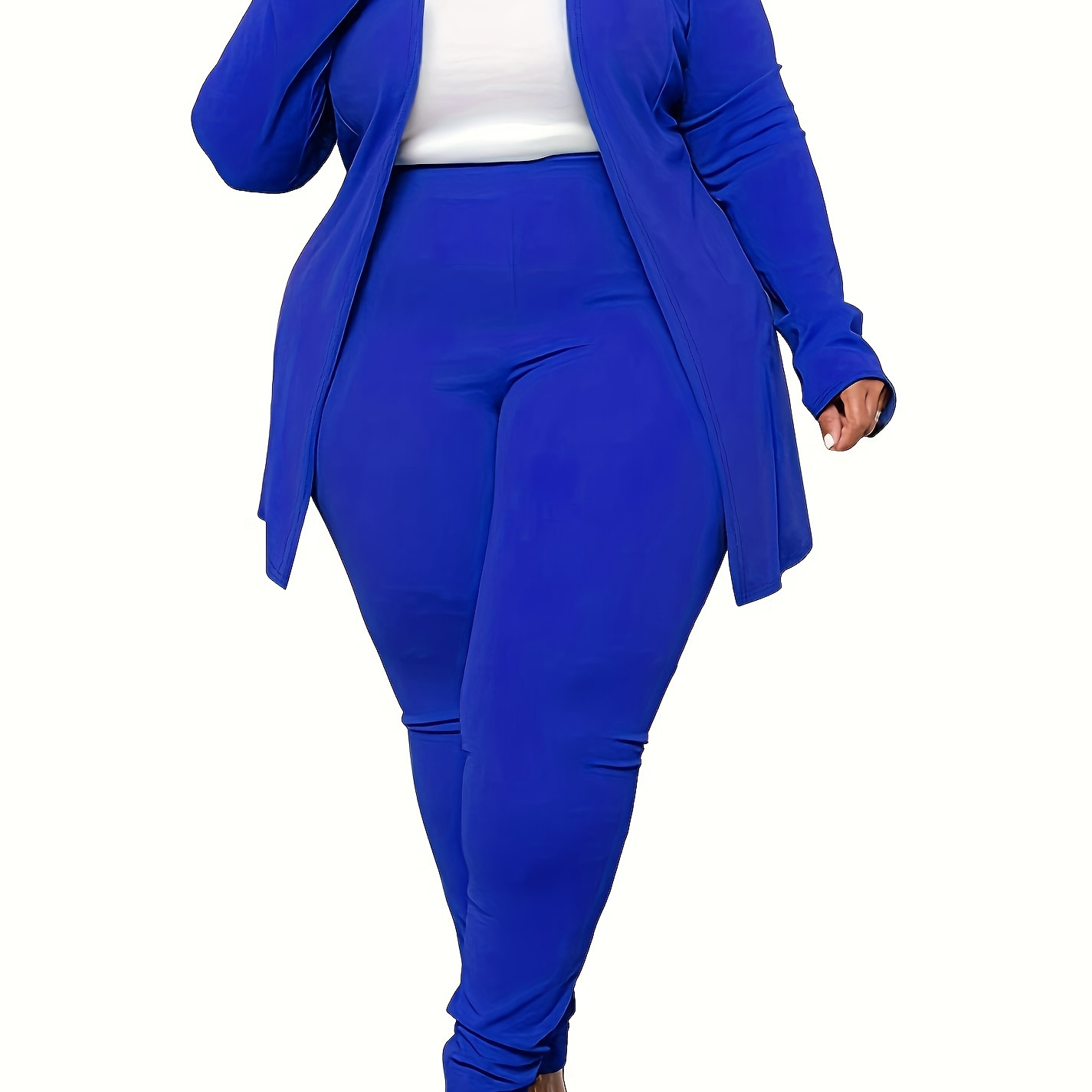 

Plus Size Simple Solid Two-piece Set, Long Sleeve Open Front Top & Pants Outfits, Women's Plus Size clothing
