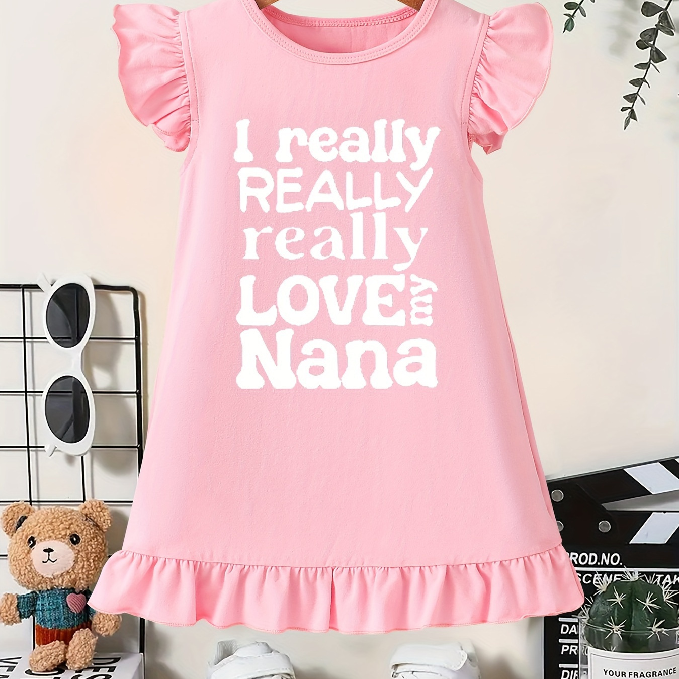 

I Really Love Nana Pattern Cotton Ruffle Trim Dress, Baby Girl's Trendy Comfortable Summer Clothing