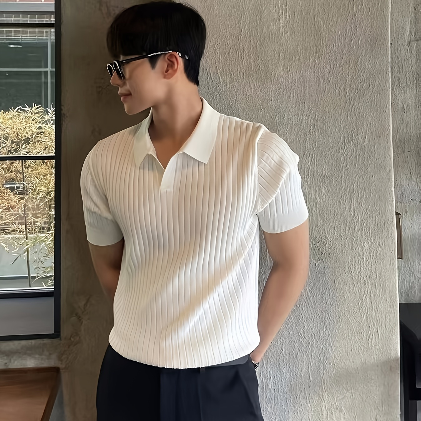 

Men's Striped Knitted Pullover, Casual Short Sleeve Sweater For Summer