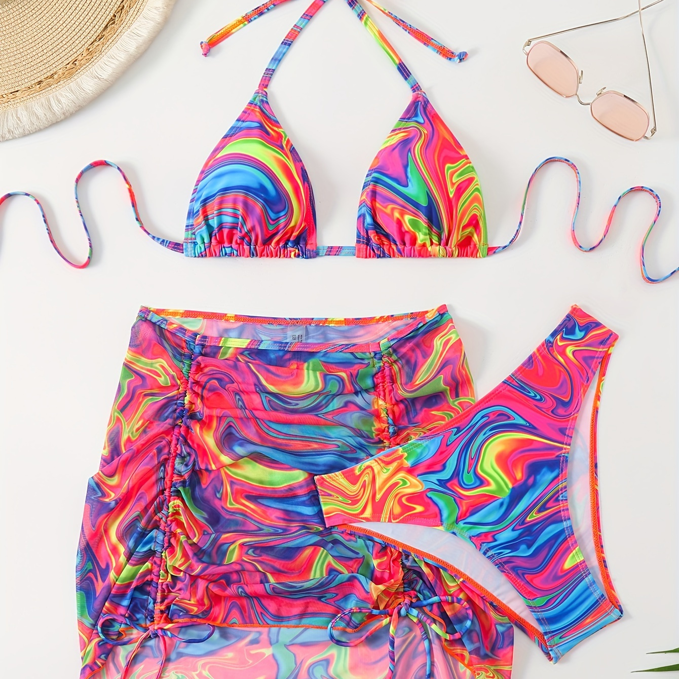 

Swirl Print 3 Piece Set Bikini, Halter Neck High Cut With Drawstring Cover Up Skirt Swimsuits, Women's Swimwear & Clothing