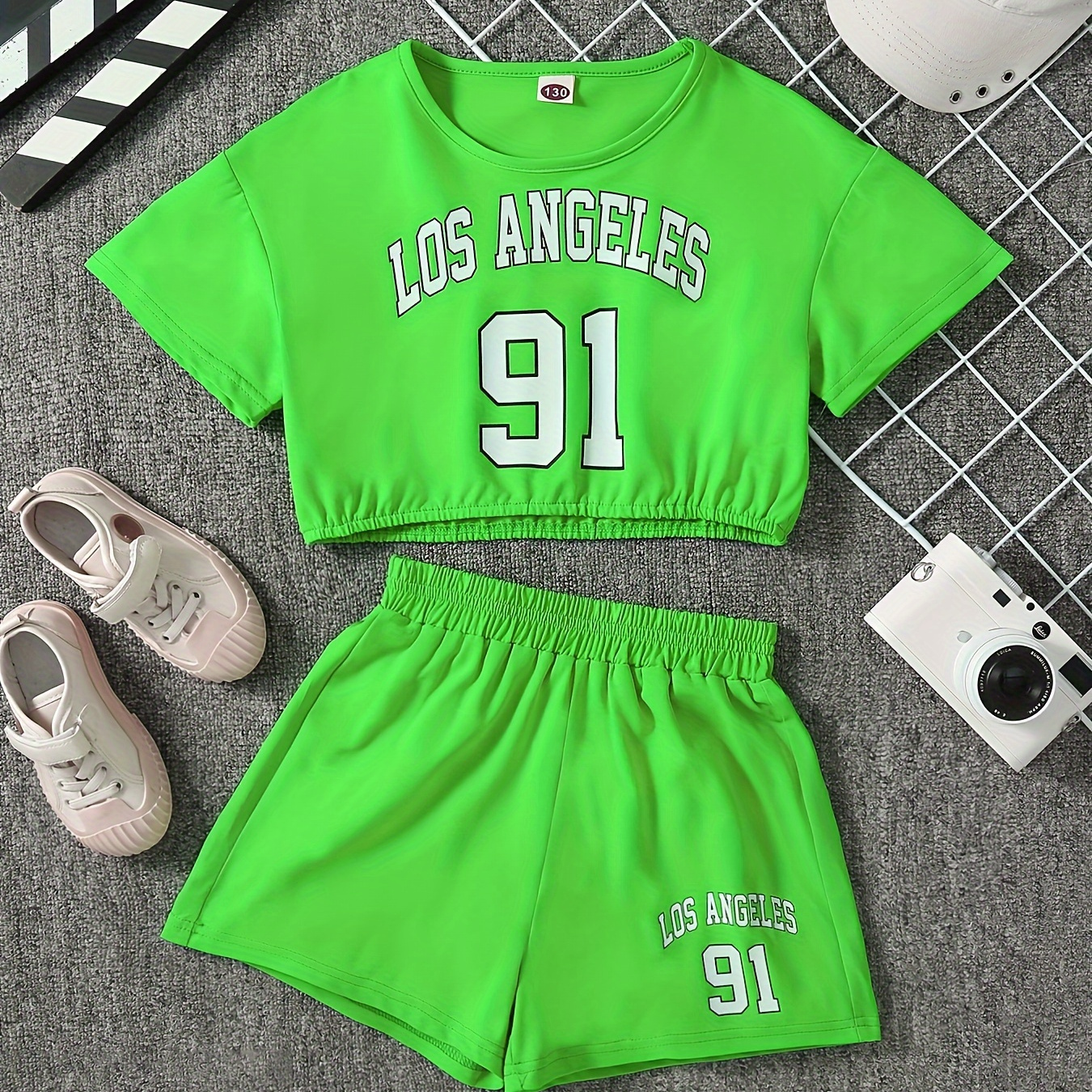 

Girl's Fluorescent Letter Printed Suit Top + Summer Suit, Cloth