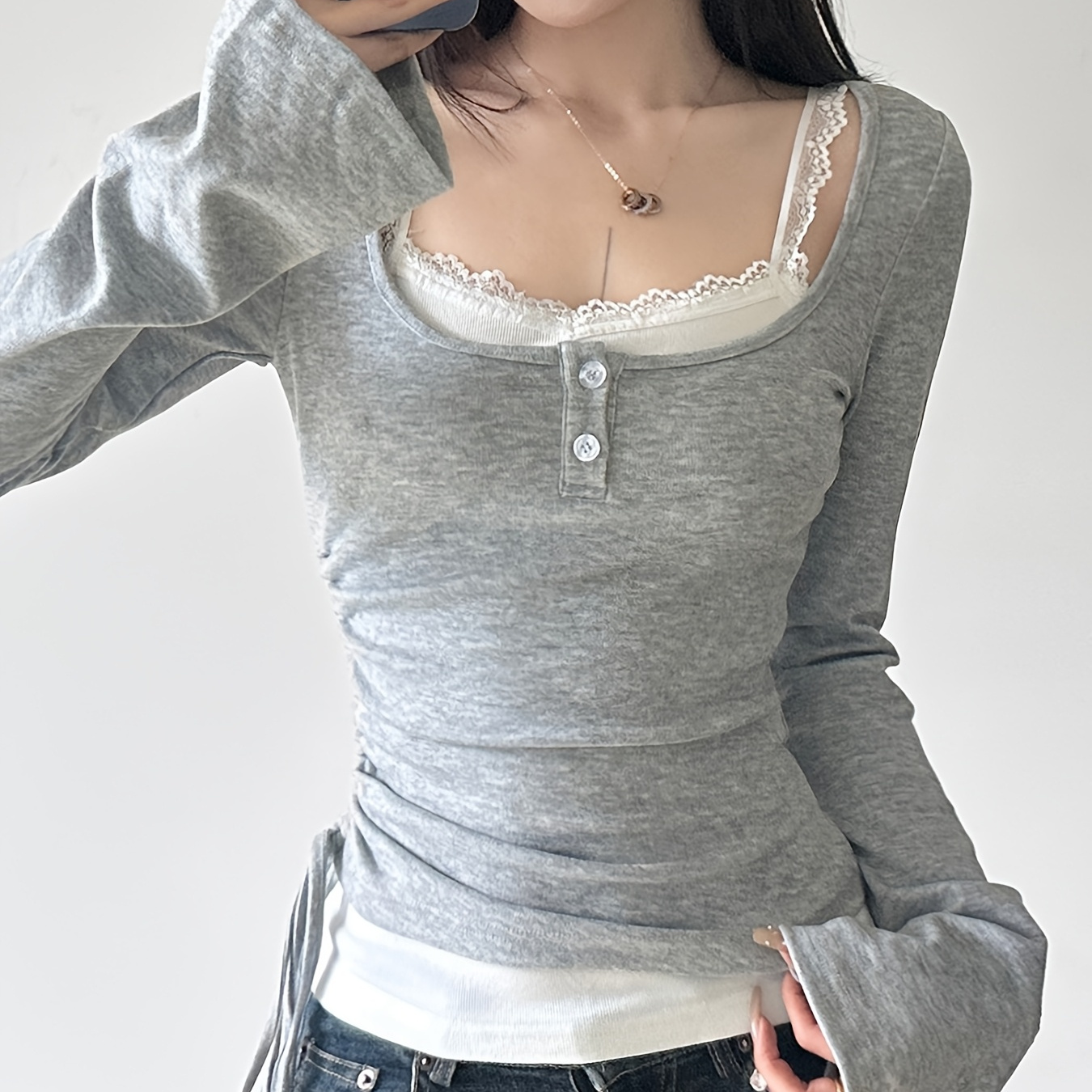 

Knitted Long Sleeve T-shirt + Strap Tank Top With Lace And Drawstring Waist For Sassygals Autumn