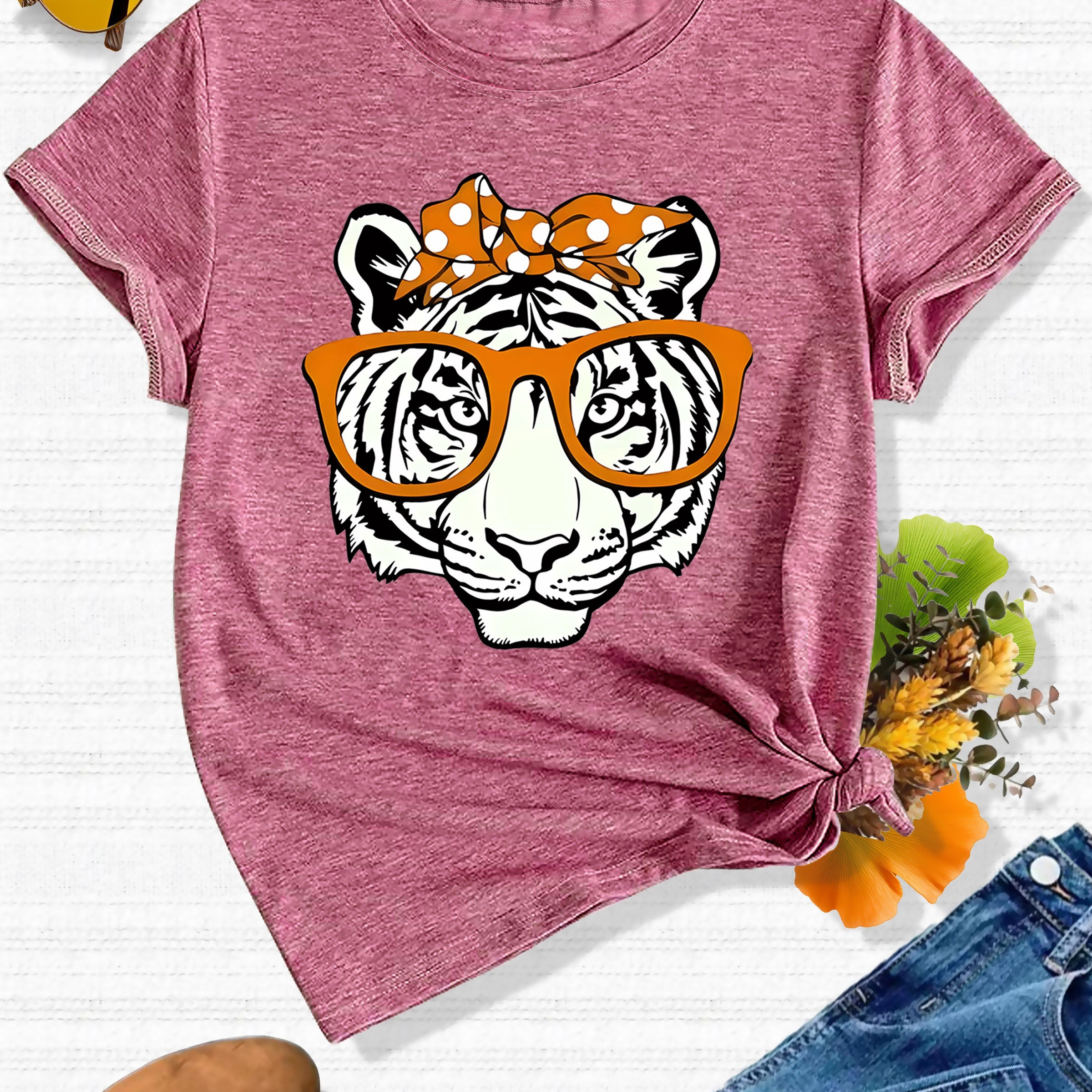 

Polka Dot Bowknot & Tiger Print Sports T-shirt, Fashion Short Sleeve Round Neck Casual Top, Women's Activewear