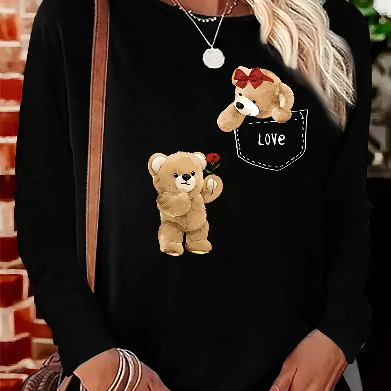 

Size Bear Couple Print Long Sleeve T-shirt - Casual Crew Neck, Stretchy Polyester , Machine Washable - Spring/fall, Lovely, Plus Size