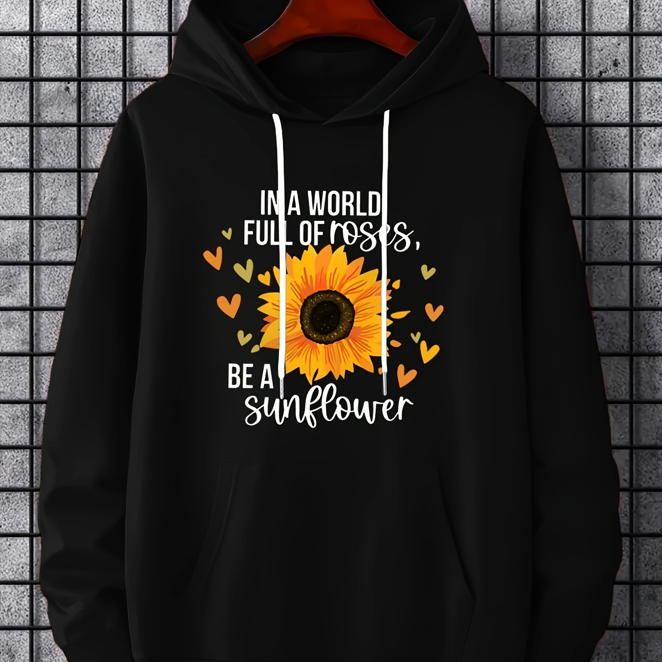 

Plus Size Men's Sunflower Graphic Print Hooded Sweatshirt For Spring Fall, Trendy Casual Tops For Big & Tall Males