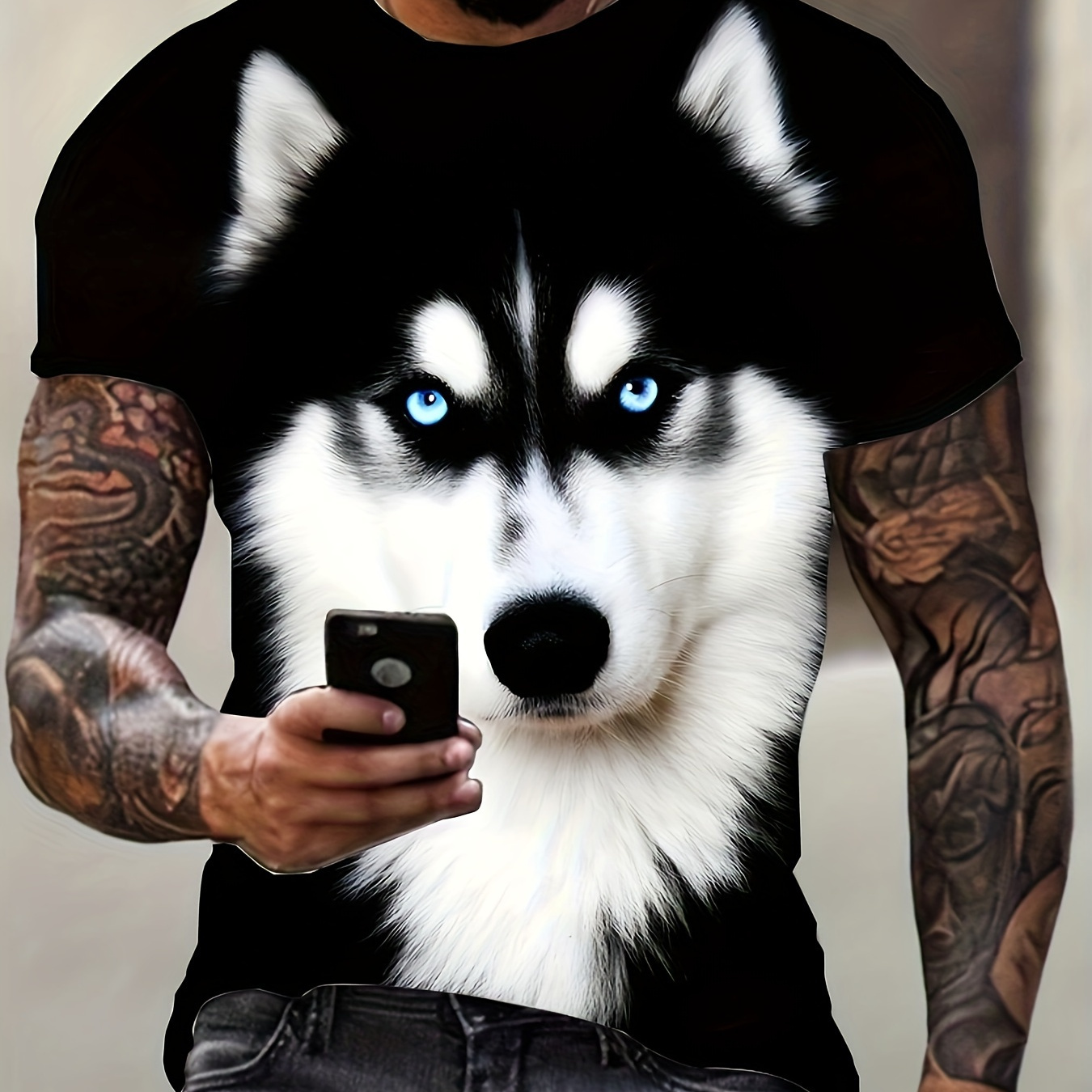 

1pc Men's 3d Husky Print T-shirt - Casual Crew Neck, Short Sleeve, Polyester Knit Fabric With Stretch, Regular Fit Tee