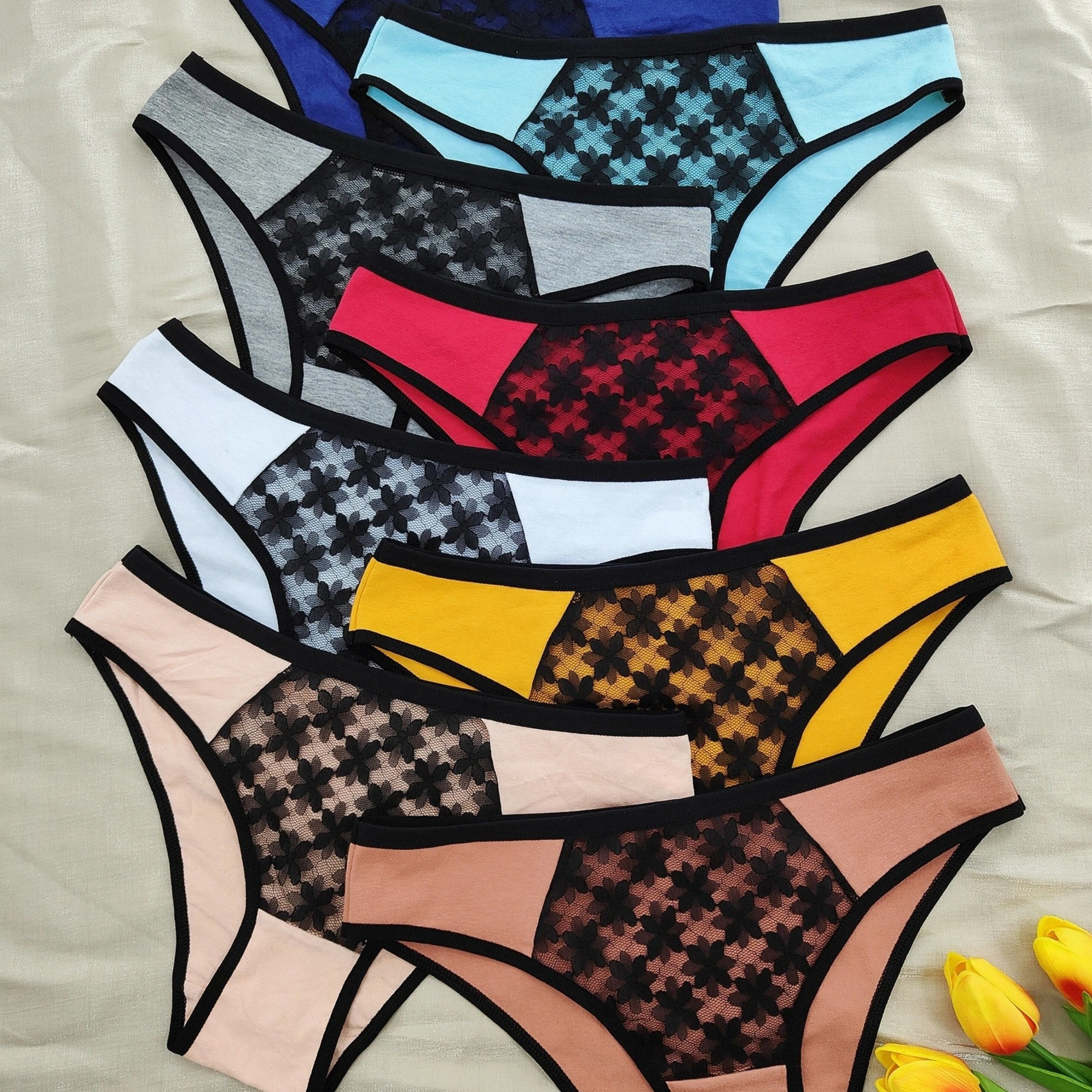 

8pcs Jacquard Color Block Low Waist Briefs, Elegant & Comfy Stretchy Panties, Women's Lingerie & Underwear