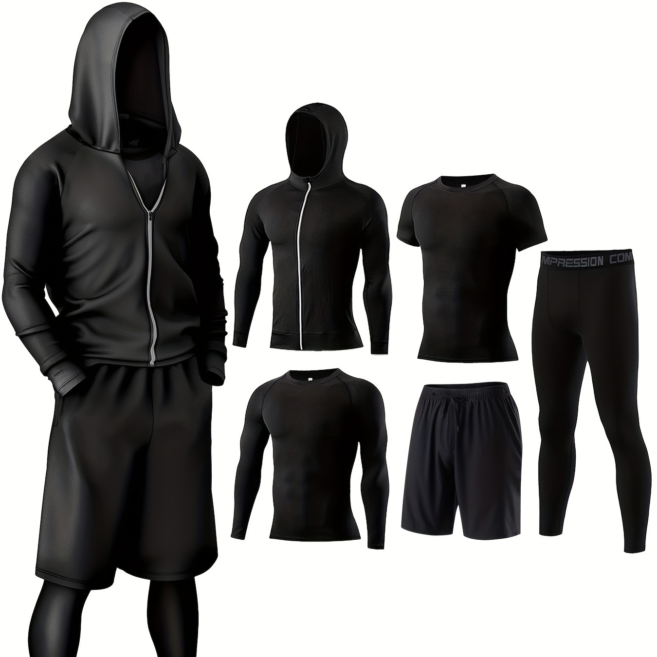 

5pcs Set - Quick-dry Breathable Knit Polyester 95% Elastane 5% With Crew Neck Hoodie, T-shirts, Shorts, And Pants For Running, Fitness, Cycling, Basketball Training