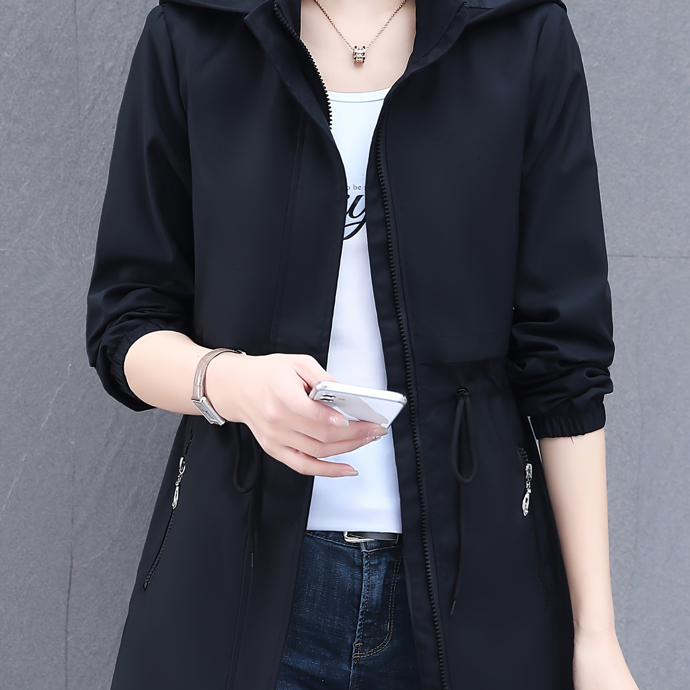 

Zip-up Hoodie Windbreaker Jacket, Casual Long Sleeve Drawstring Waist Slant Pockets Jacket For Spring & Fall, Women's Clothing