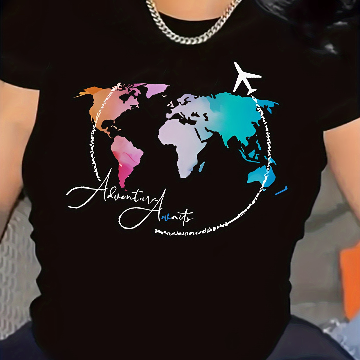 

Women's Casual Round Neck T-shirt, Short Sleeve, Traveler Tee, Wanderlust Tee, Polyester, All-season, Washable, World Map Print, Knit Fabric, Fashionable Leisure Sportswear