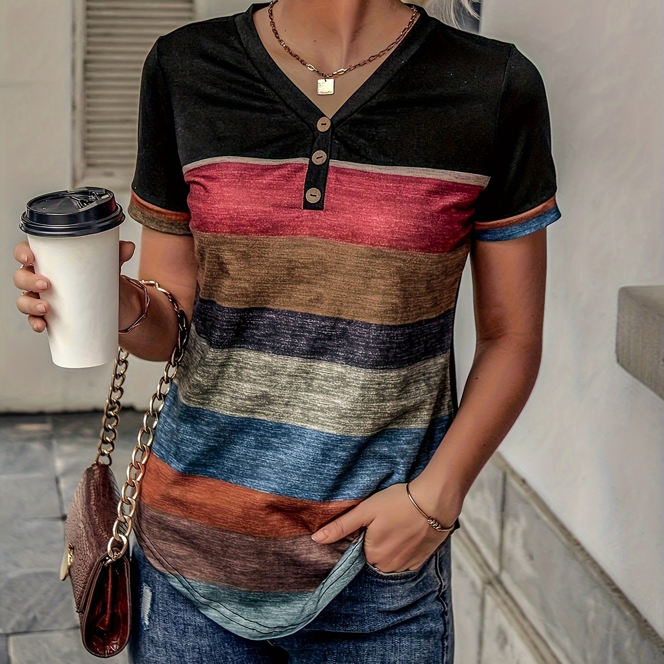 

Color Block Button Front T-shirt, Casual V Neck Short Sleeve Top For Spring & Summer, Women's Clothing