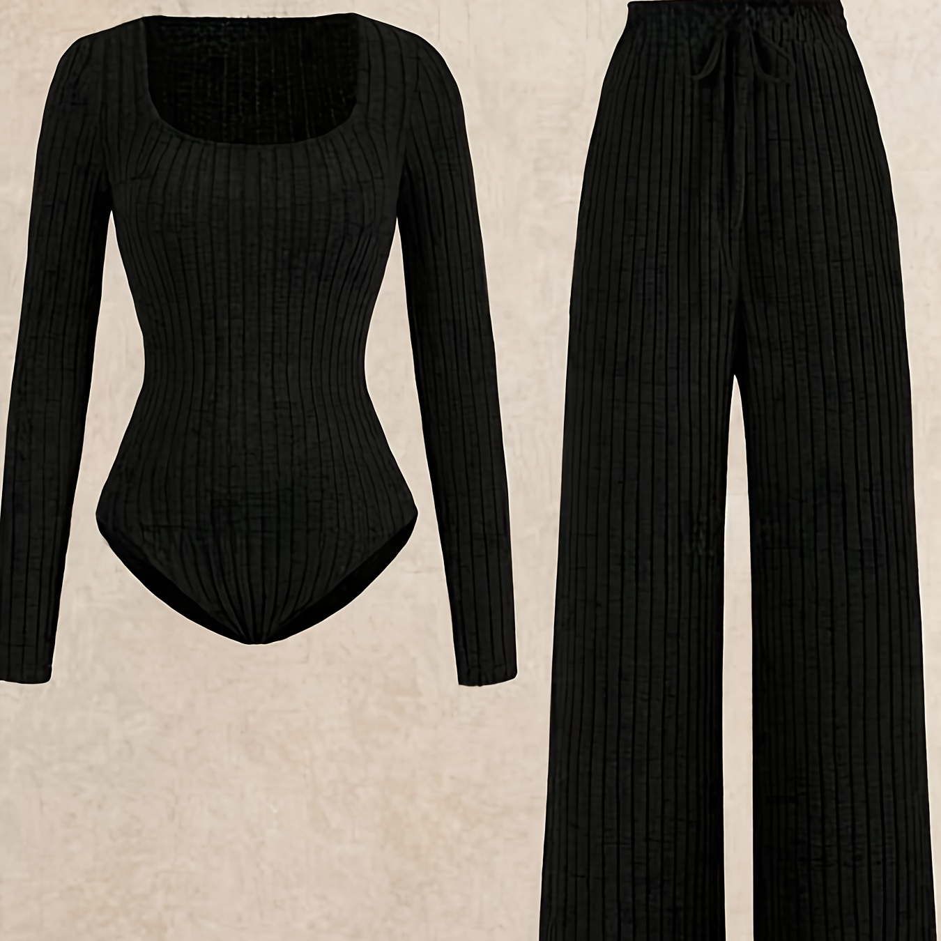 

Elegant Ribbed Shapewear And Pants Set, Long Sleeve Shapewear And Wide Leg Pants