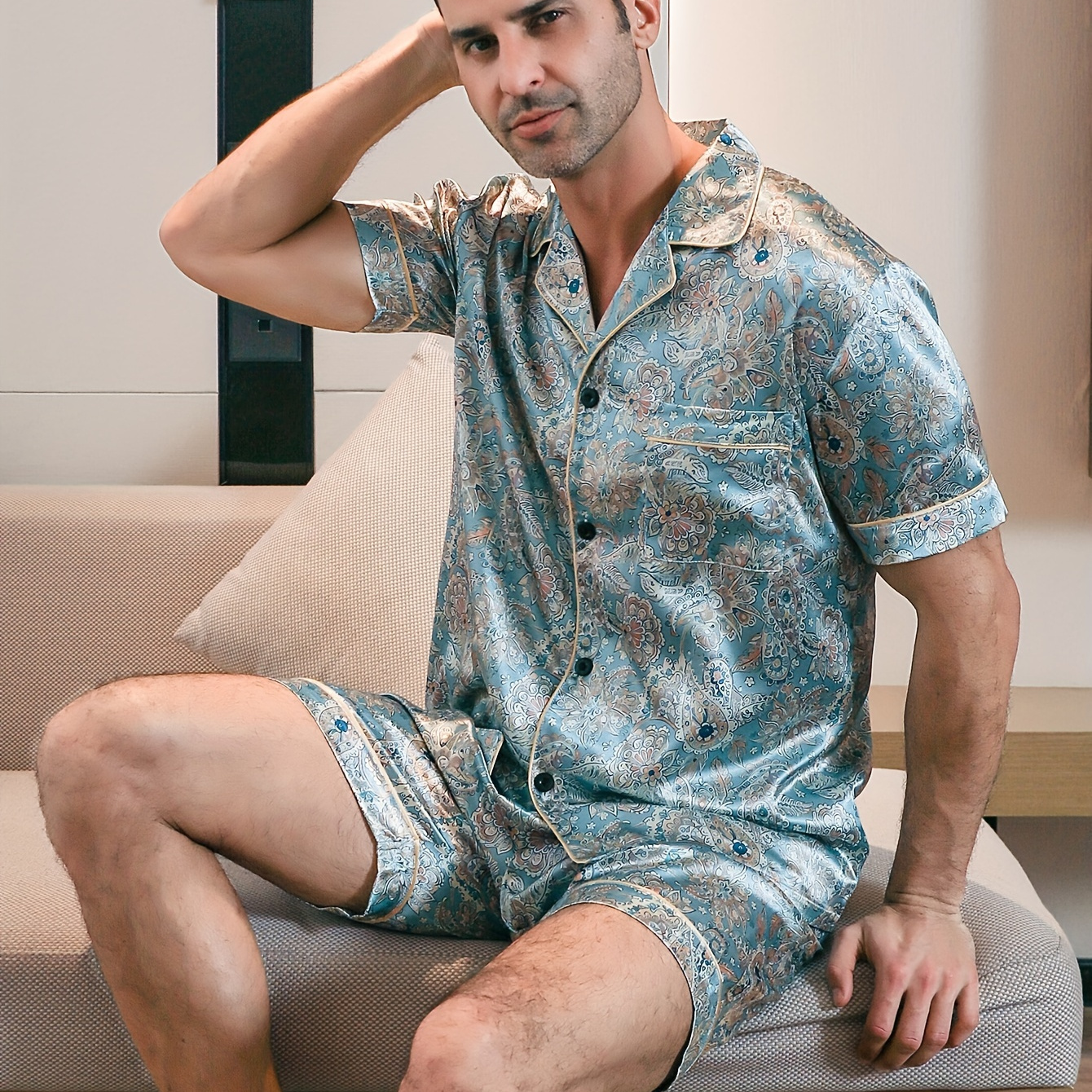 

2pcs Elegant Men's Ice Silk Pajama Set, Vintage Flower Pattern Print Short Sleeve Lapel Cardigan Top + Trouser Lightweight Summer Sleepwear Lounge Wear Set