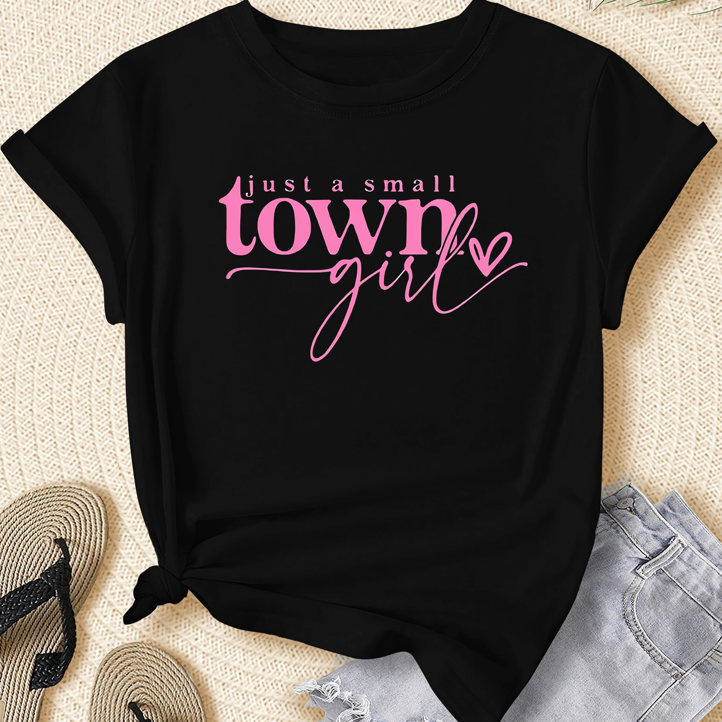 

Women's Plus Size Casual Sporty T-shirt, "just A Small Town Girl" Letter Print, Comfort Fit Short Sleeve Tee, Fashion Breathable Casual Top