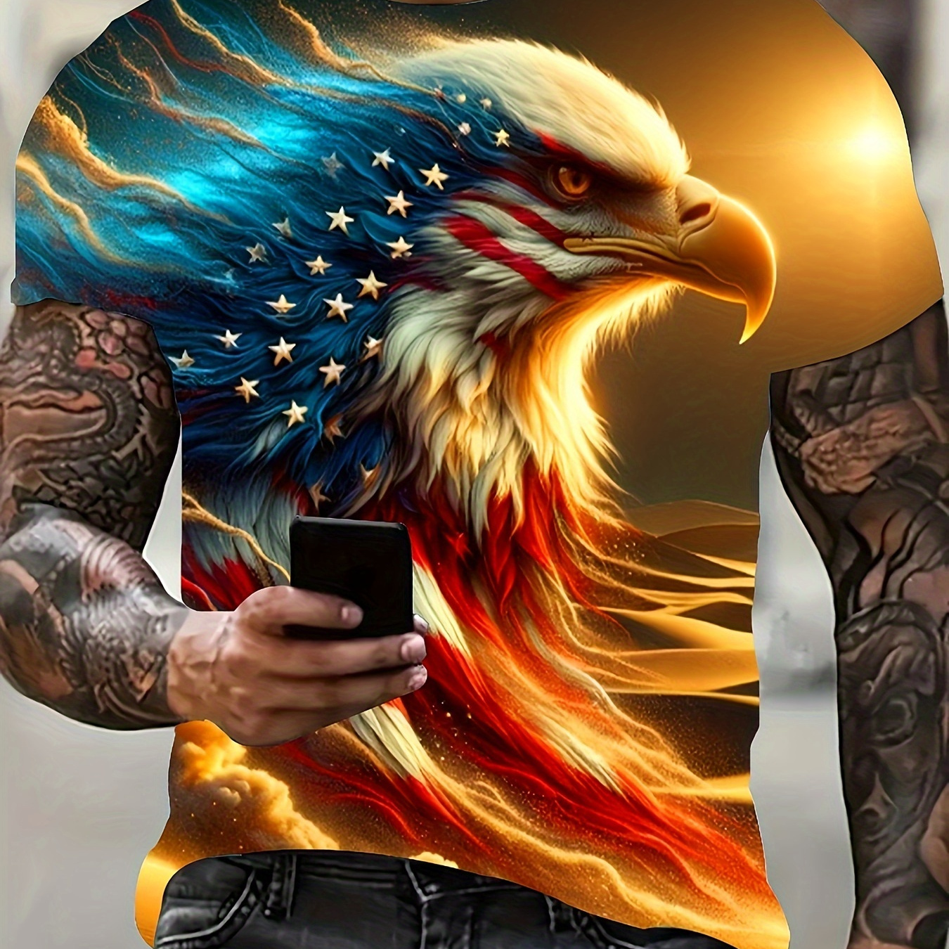 

Patriotic 3d Eagle & American Flag Print T-shirt - Soft Polyester, Crew Neck, Short Sleeve, Machine Washable - Vibrant Colors, Realistic Design For Men