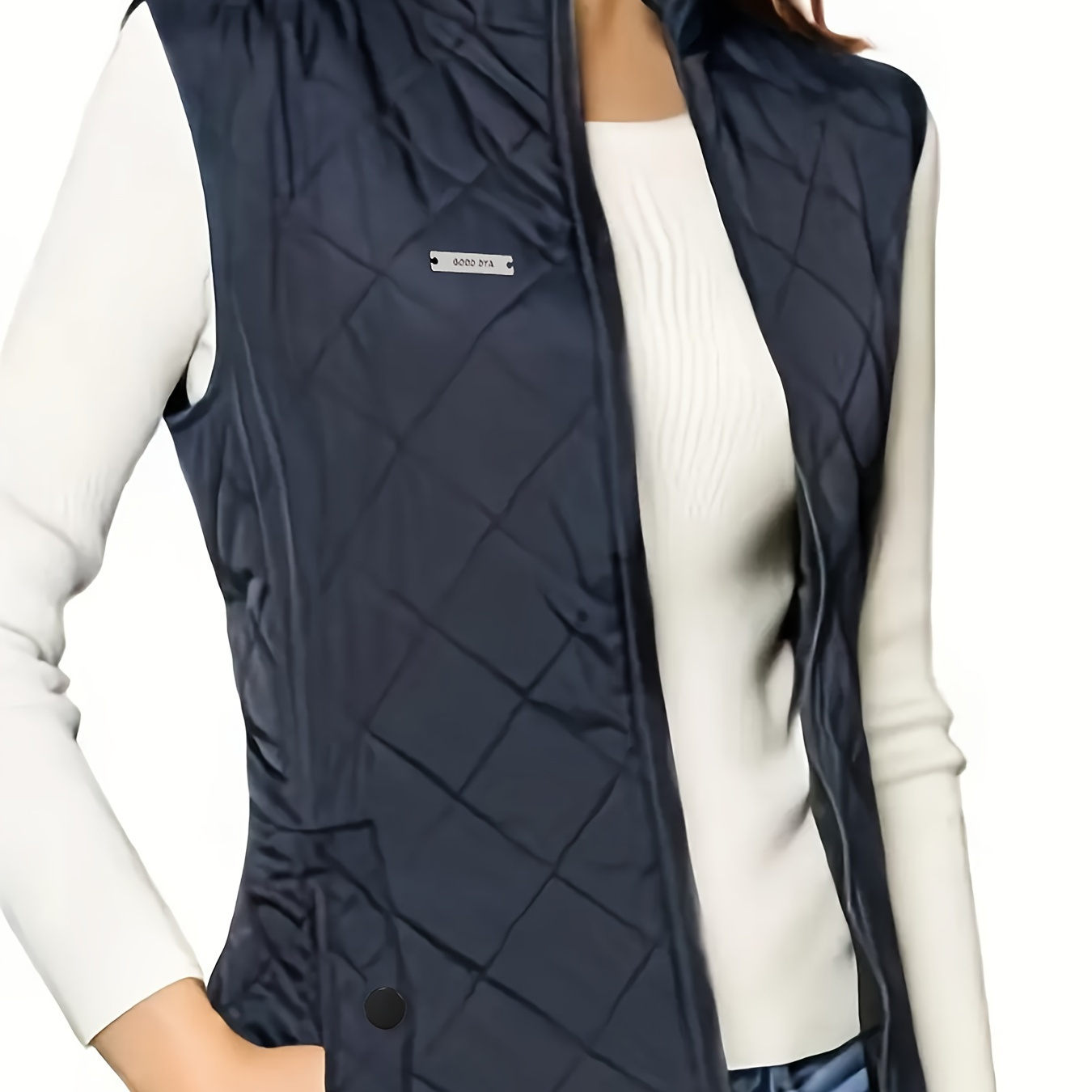 

Zip-up Quilted Puffy Lapel Vest, Casual Sleeveless Pockets Patch Vest For Fall & Winter, Women's Clothing