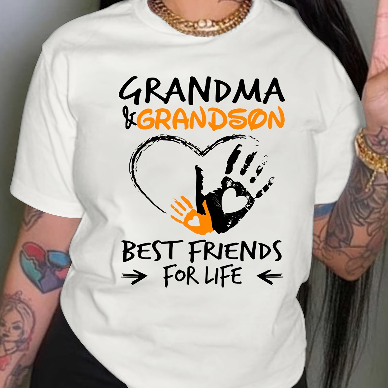 

Grandma & Grandson Print Crew Neck T-shirt, Casual Short Sleeve Drop Shoulder Top, Women's Clothing