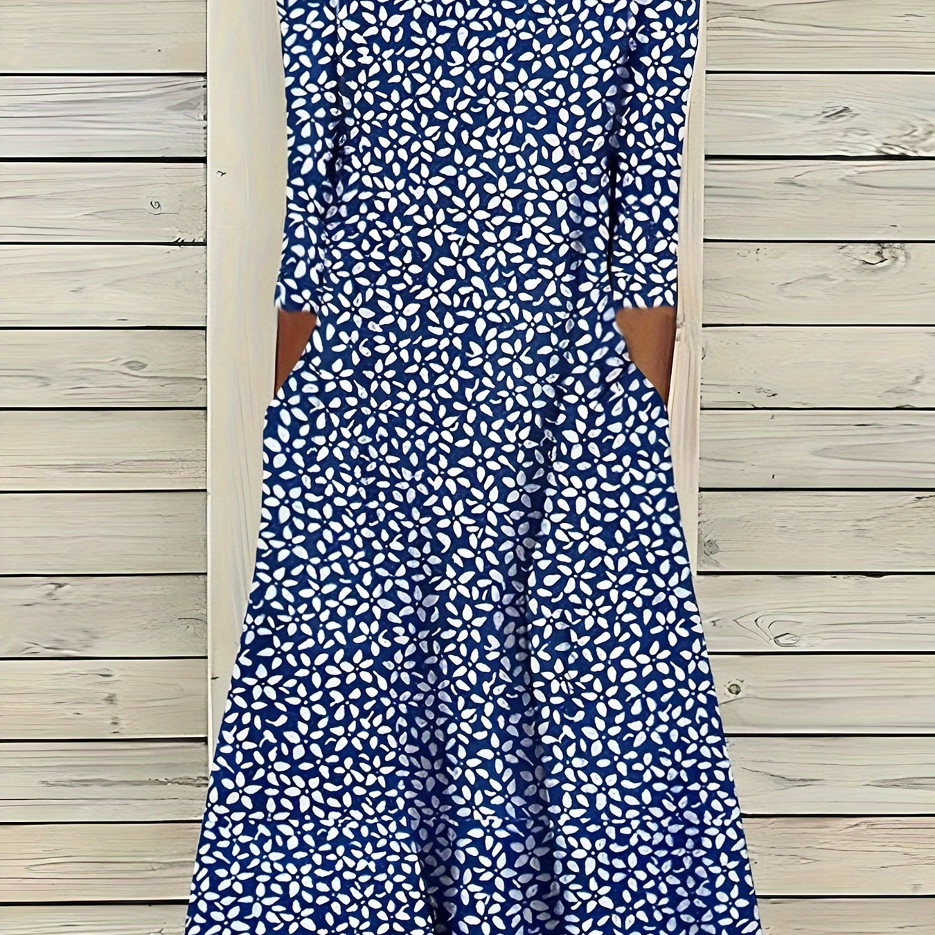 

Floral Print 3/4 Sleeve Dress, Elegant Crew Neck Midi Dress, Women's Clothing
