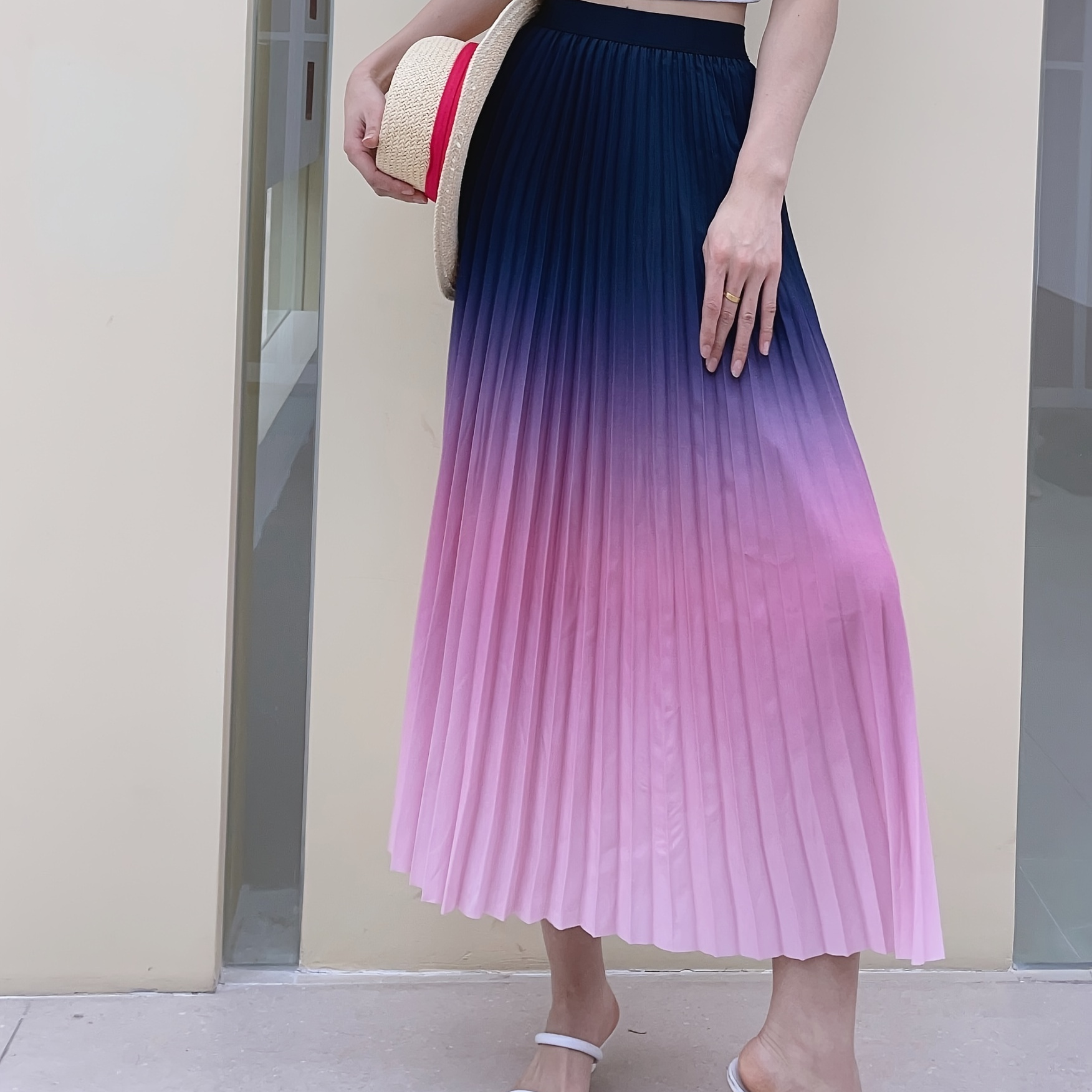 

Ombre Print High Waist Skirt, Elegant & Chic Flowy Hem Midi Pleated Skirt For Spring & Summer, Women's Clothing