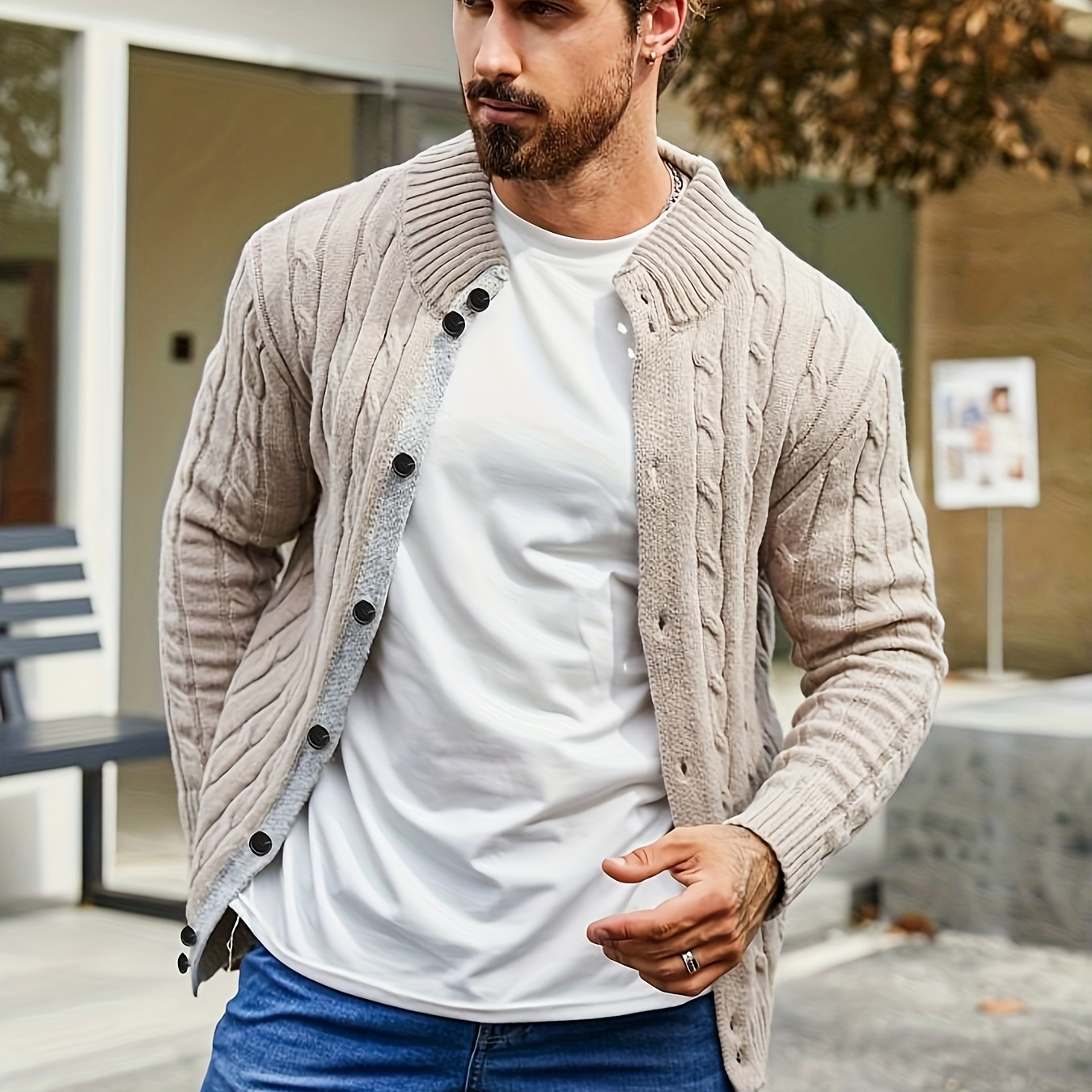 

Men' Geometric Knitted Cardigan, Casual Long Sleeve Button Up Sweater For Winter Fall Outdoor Activities