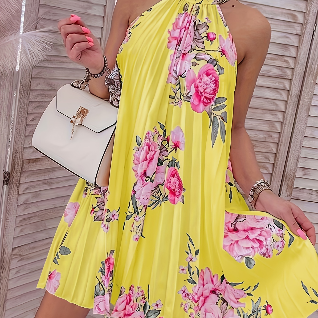 

Floral Print Choker Neck Dress, Elegant Sleeveless Pleat Dress For Spring & Summer, Women's Clothing