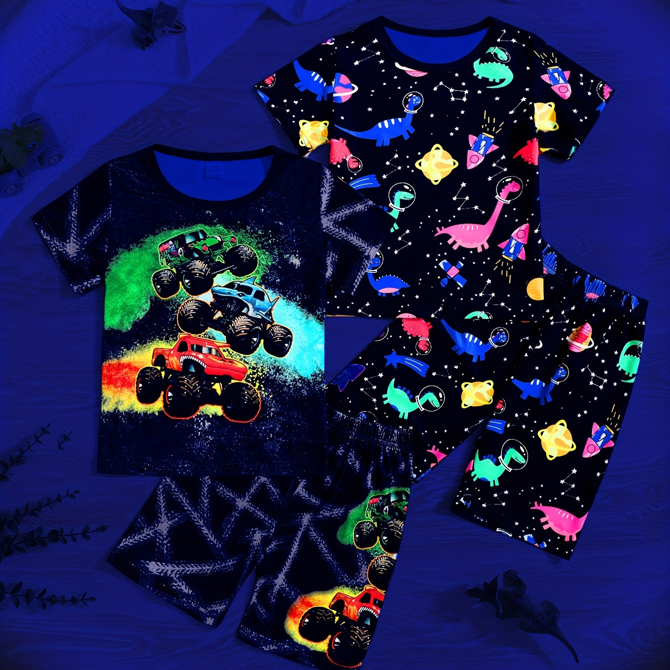 

2 Sets Boys Summer Loungewear Set – Glow In The Dark Cartoon Car & Dinosaur Print Short Sleeve Crew Neck Tops & Shorts Sets, Cool Pattern Comfy Pj Sets, Kids' Cozy Sleepwear Outfits