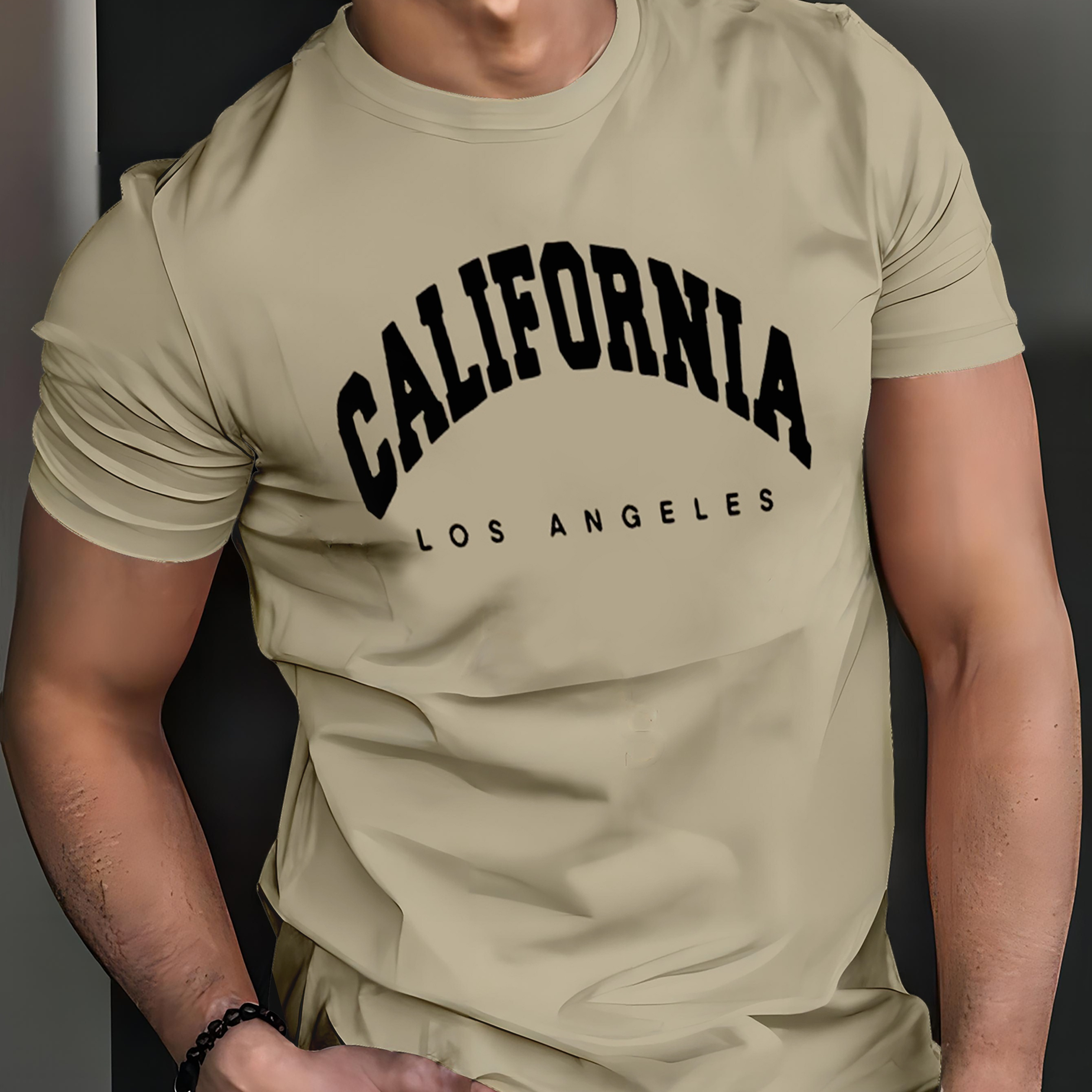 

California Los Angeles Graphic 3d Print Men's T-shirt - 100% Polyester Casual Crew Neck Tee With Stretch For Summer, Regular Fit Short Sleeve Pullover For Weekend Casual Wear