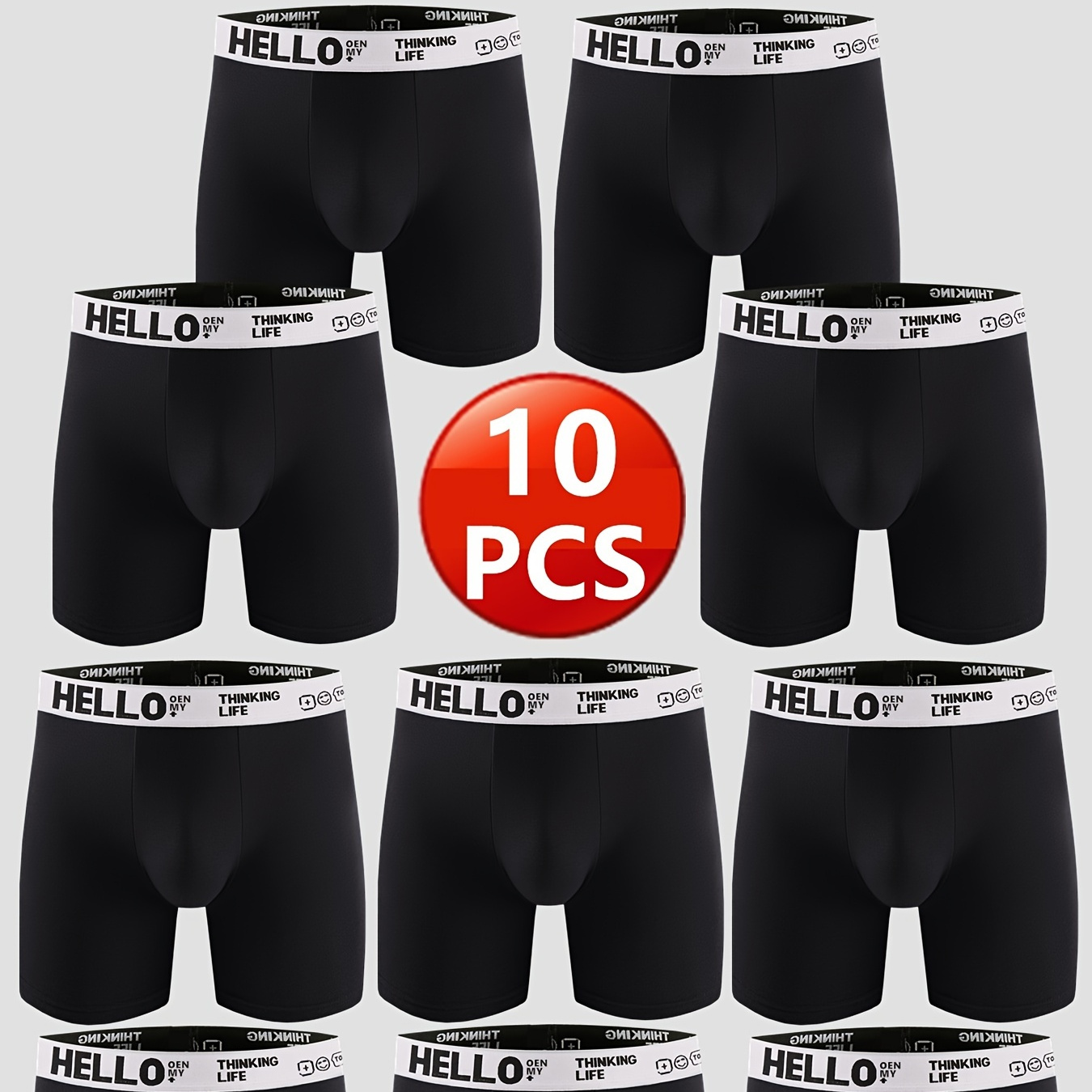

10pcs Men's Cotton Boxer Briefs, Hello Breathable Comfy Boxer Trunks, Elastic Sports Shorts, Men's Casual & Durable Underwear Perfect For Sports & Home Wear