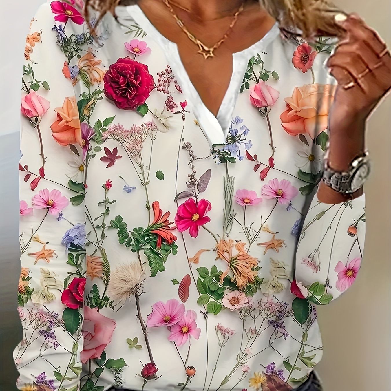 

Plus Size Casual T-shirt, Women's Plus Floral Print Long Sleeve Notched Neck Slight Stretch T-shirt