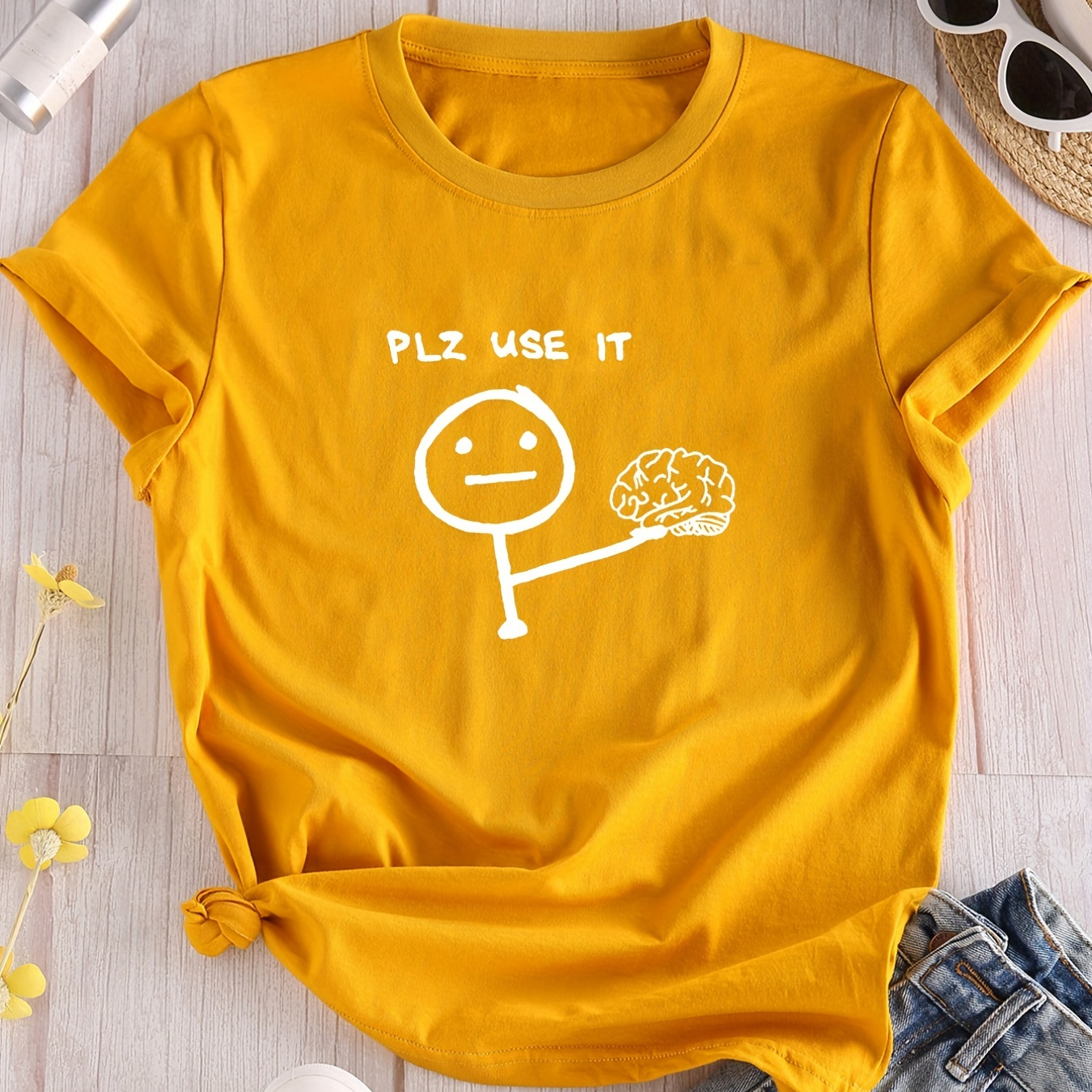 

Letter & Stick Figure Print Crew Neck T-shirt, Casual Short Sleeve T-shirt For Spring & Summer, Women's Clothing