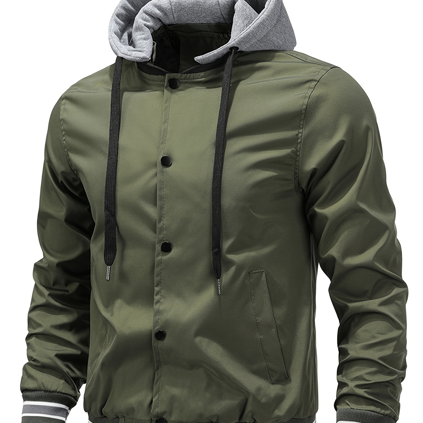 

Men's Casual Detachable Hooded Jacket, Chic Button Up Bomber Jacket