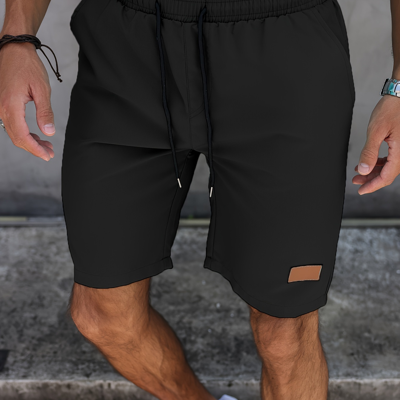 

Men's Summer Solid Drawstring Sports Shorts, Breathable Fabric Knee-length Shorts, Casual Beachwear, Athletic Style