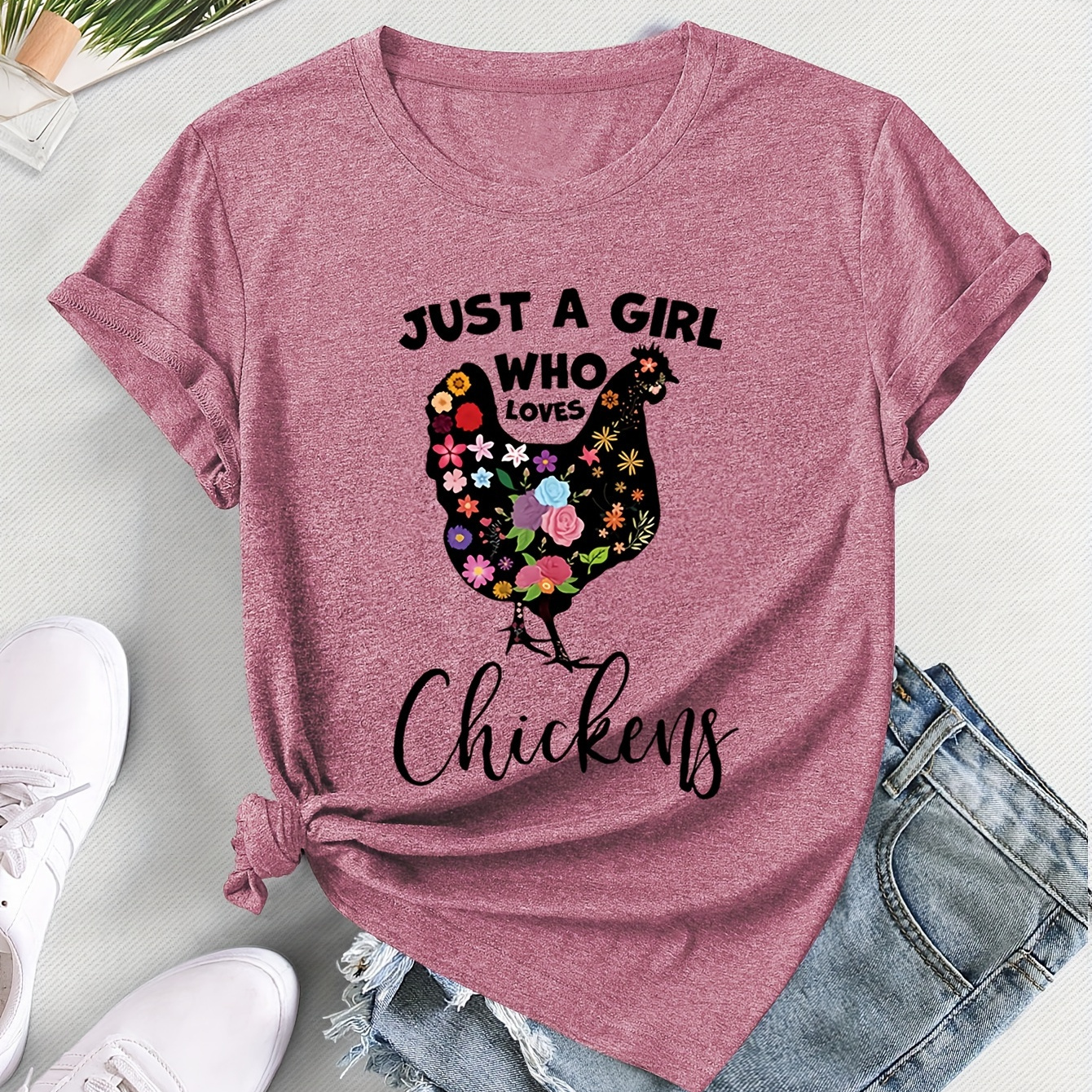 

1pc Vintage Floral Chicken Print Women's T-shirt, Polyester Crew Neck Short Sleeve Tee, Casual Sporty Top With Medium Stretch, Regular Length For Spring/summer/fall