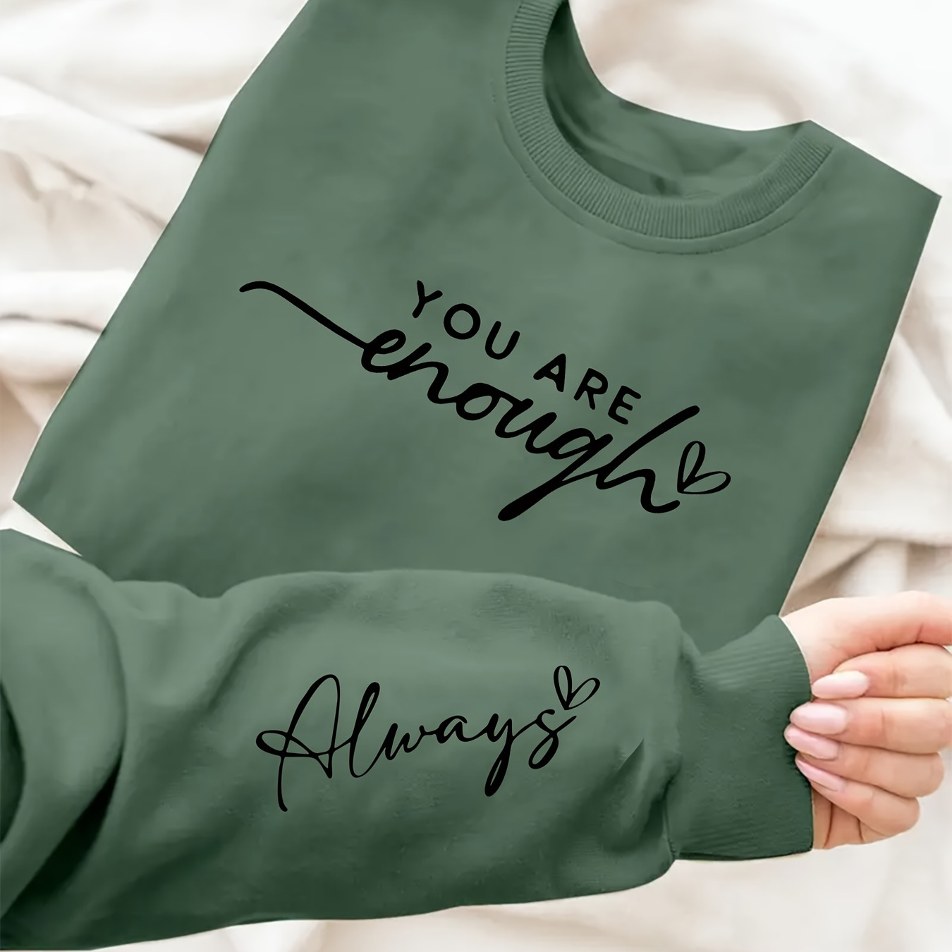 

Plus Size You Are Enough Print Pullover Sweatshirt, Casual Long Sleeve Crew Neck Sweatshirt For Fall & Spring, Women's Plus Size Clothing