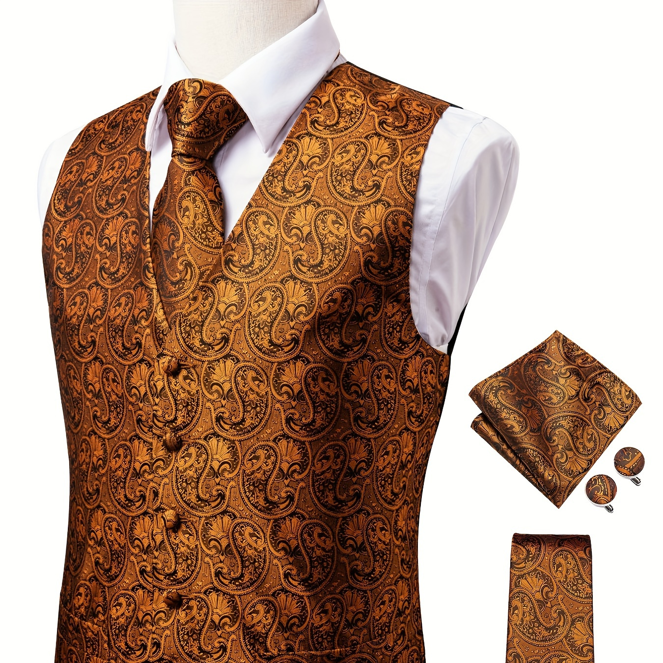 Plus Size Men's V-Neck Jacquard Suit Vest Fashion Formal Slim Fit Business Dress Vest Waistcoat With Cufflinks Necktie Hanky In Gold