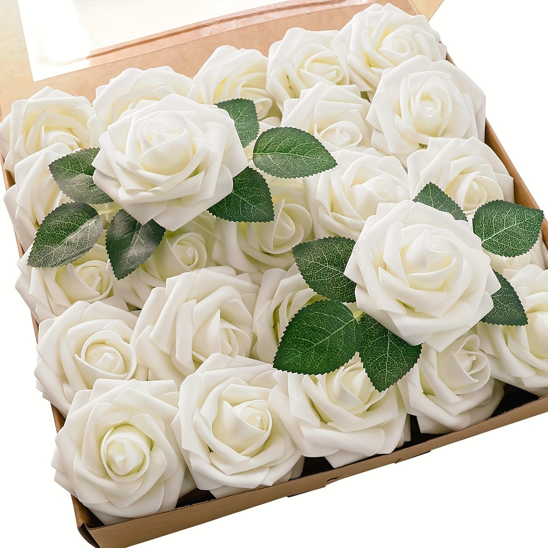 

1 Set, Artificial Roses Flowers, 25pcs Ivory Roses W/stem For Diy Wedding Bouquets Boutonnieres Centerpieces Bridal Shower Party Home Decorations