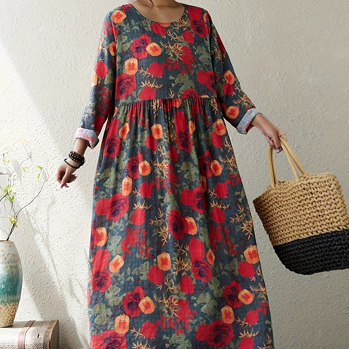 

Chic Spring/fall Maxi Dress With Batwing Sleeves - Casual Loose Fit, Rayon , Machine Washable, Round Neck, Non-stretch Fabric, Random