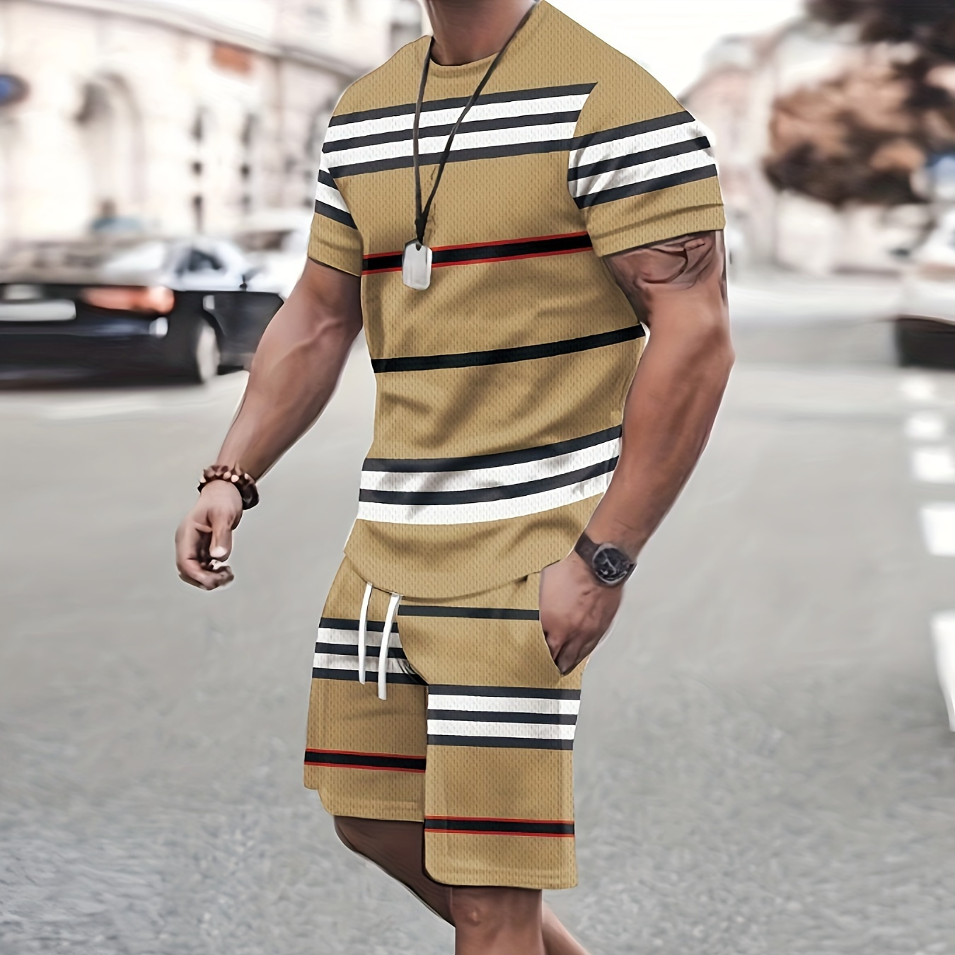 

Men's 2-piece Set, 3d Stripe Print T-shirt And Drawstring Shorts, Casual Summer Co Ord Set, Comfortable Fashion Apparel For Men