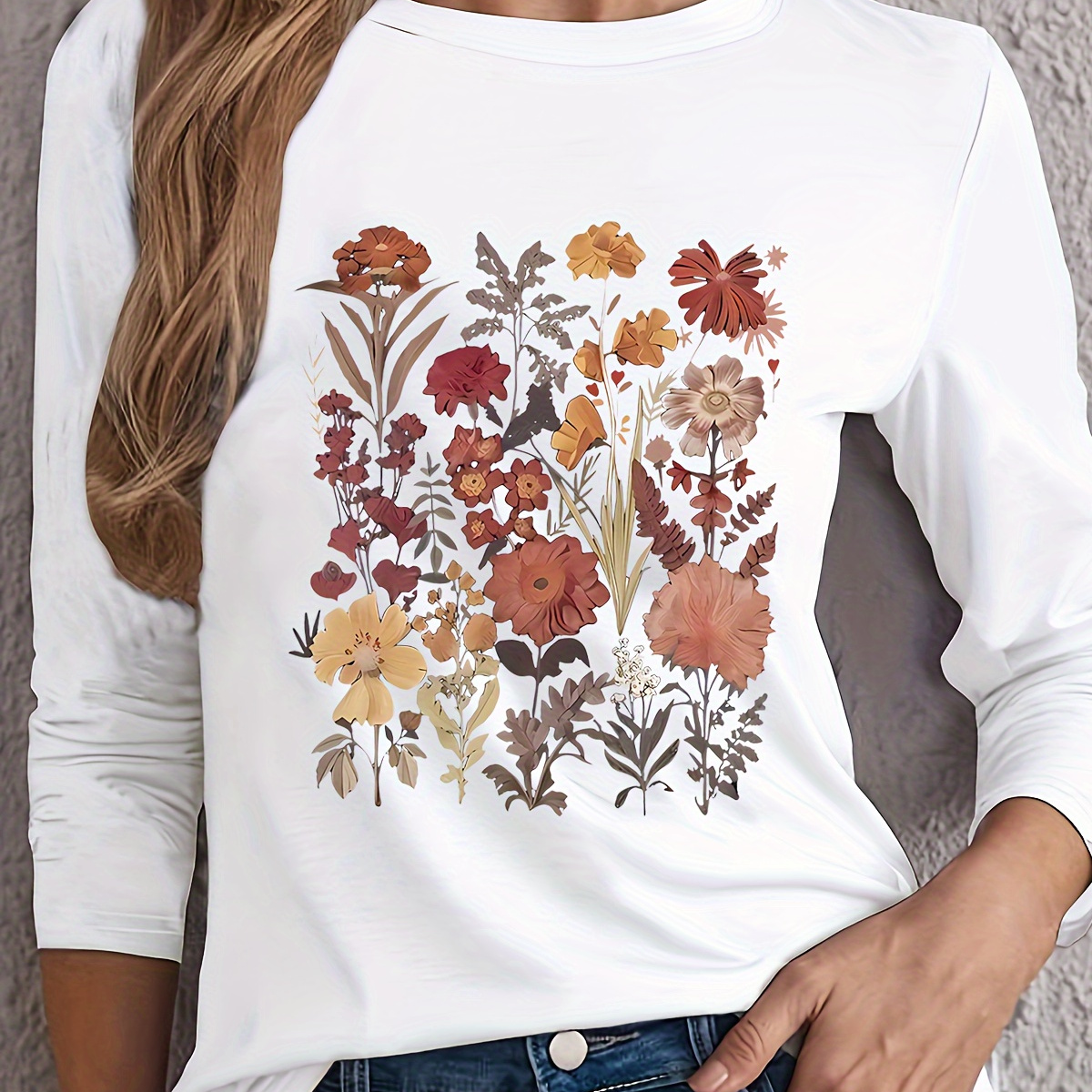 

Floral Print T-shirt, Long Sleeve Crew Neck Casual Top For Spring & Fall, Women's Clothing