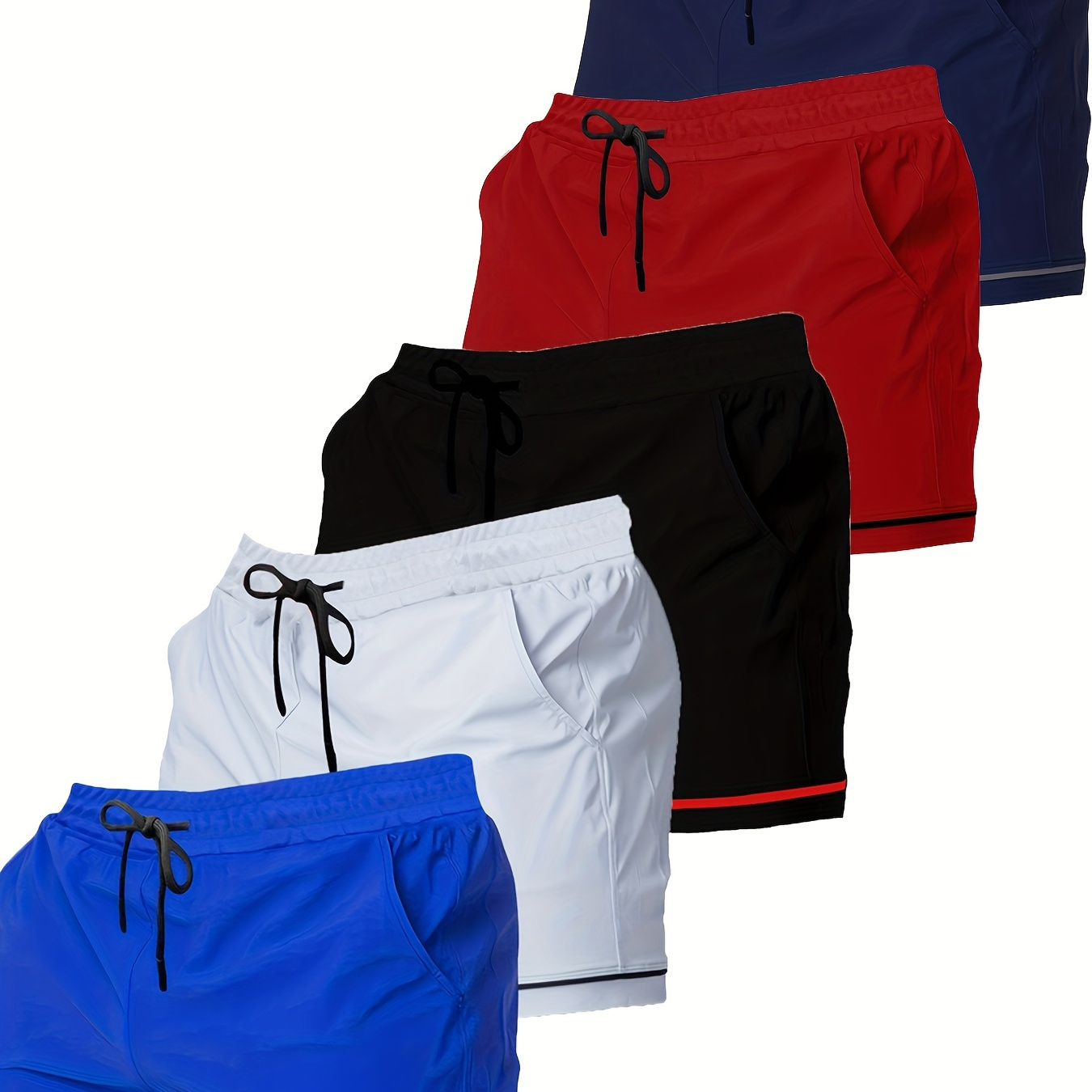 

5pcs Set Of Men's Color Striped Quick Dry And Breathable Drawstring Sports Shorts, Summer Bottoms For Training, Running And Workout Wear